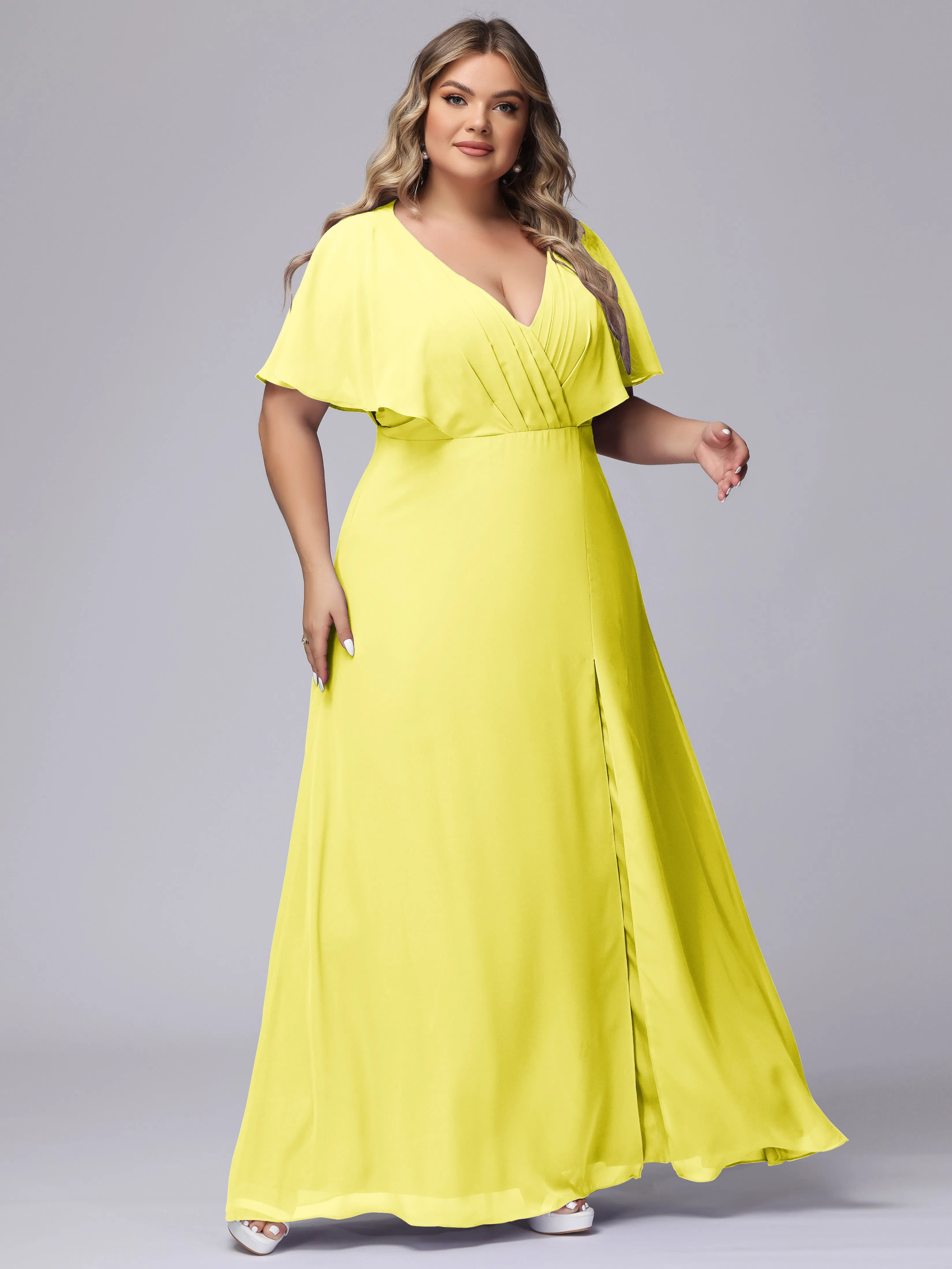 V-Neck Chiffon Short Sleeves Plus Size  Bridesmaid Dresses