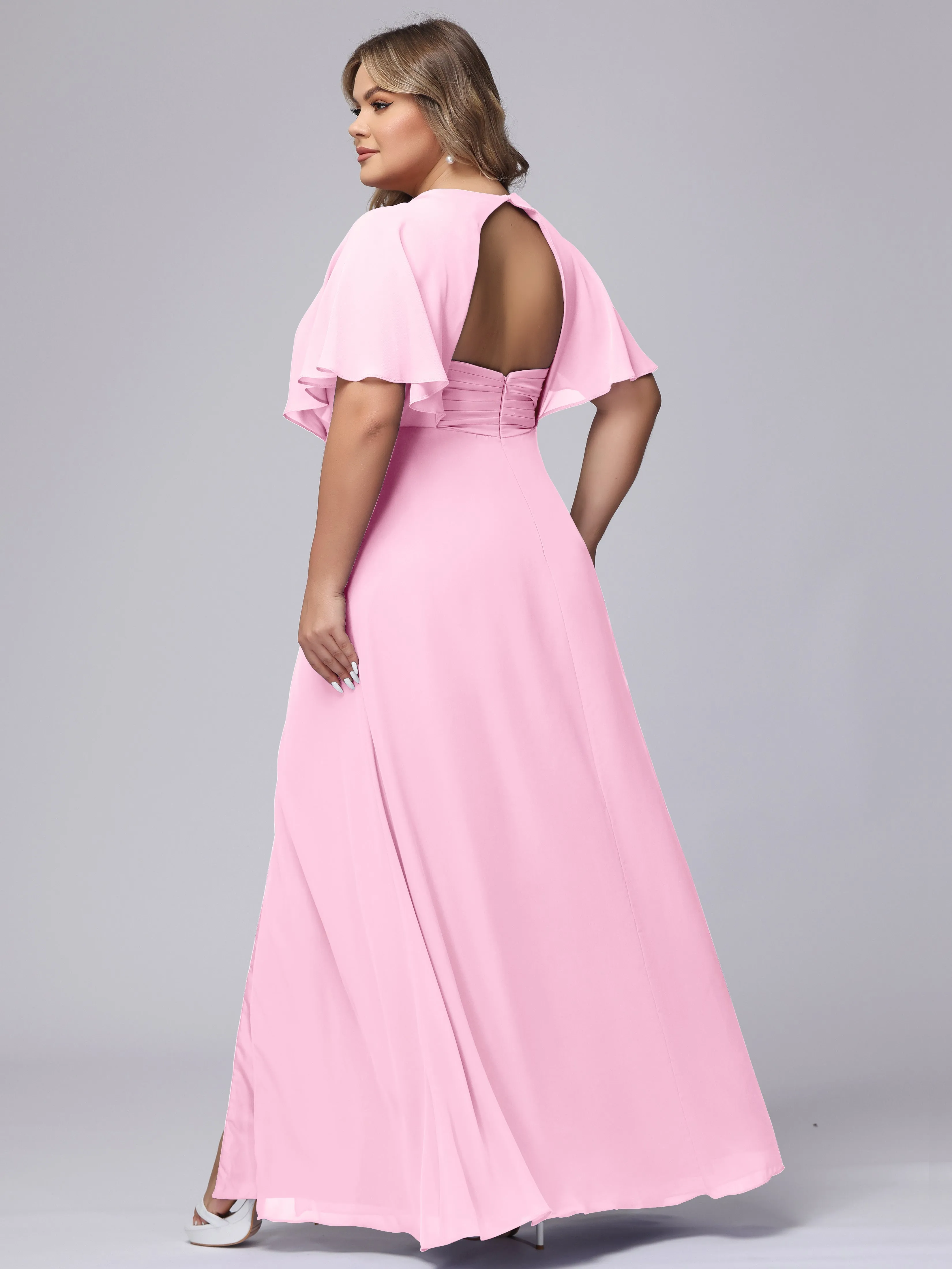 V-Neck Chiffon Short Sleeves Plus Size  Bridesmaid Dresses