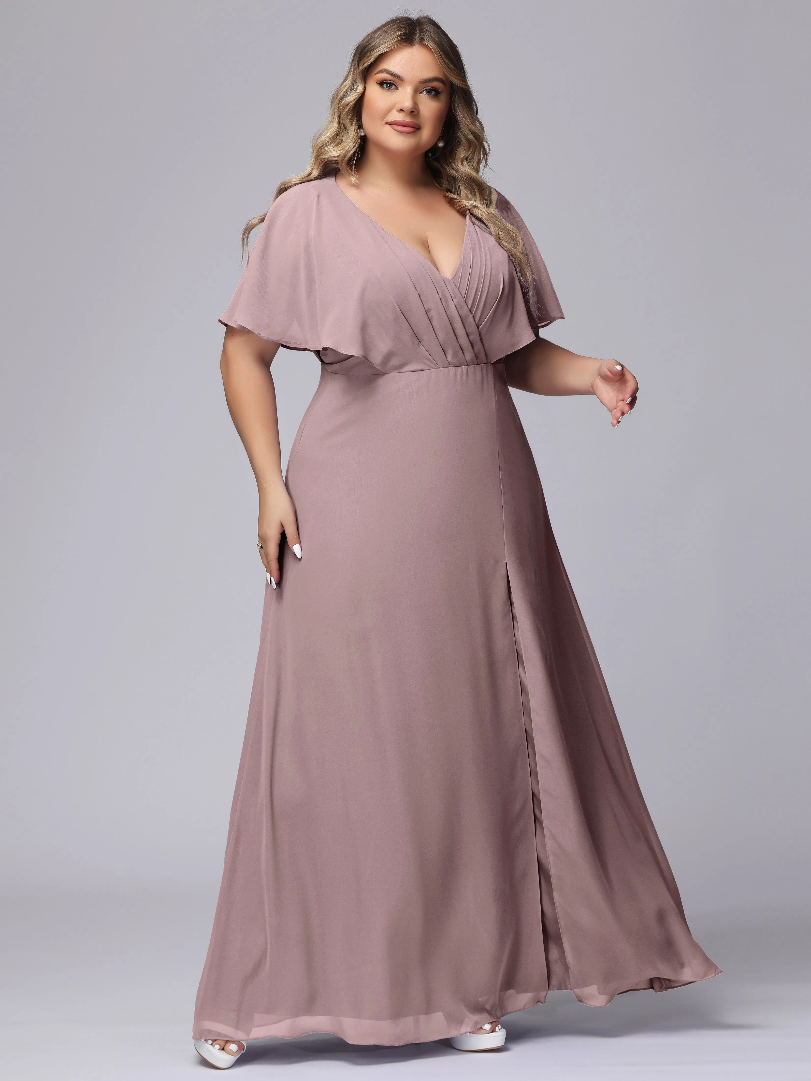 V-Neck Chiffon Short Sleeves Plus Size  Bridesmaid Dresses