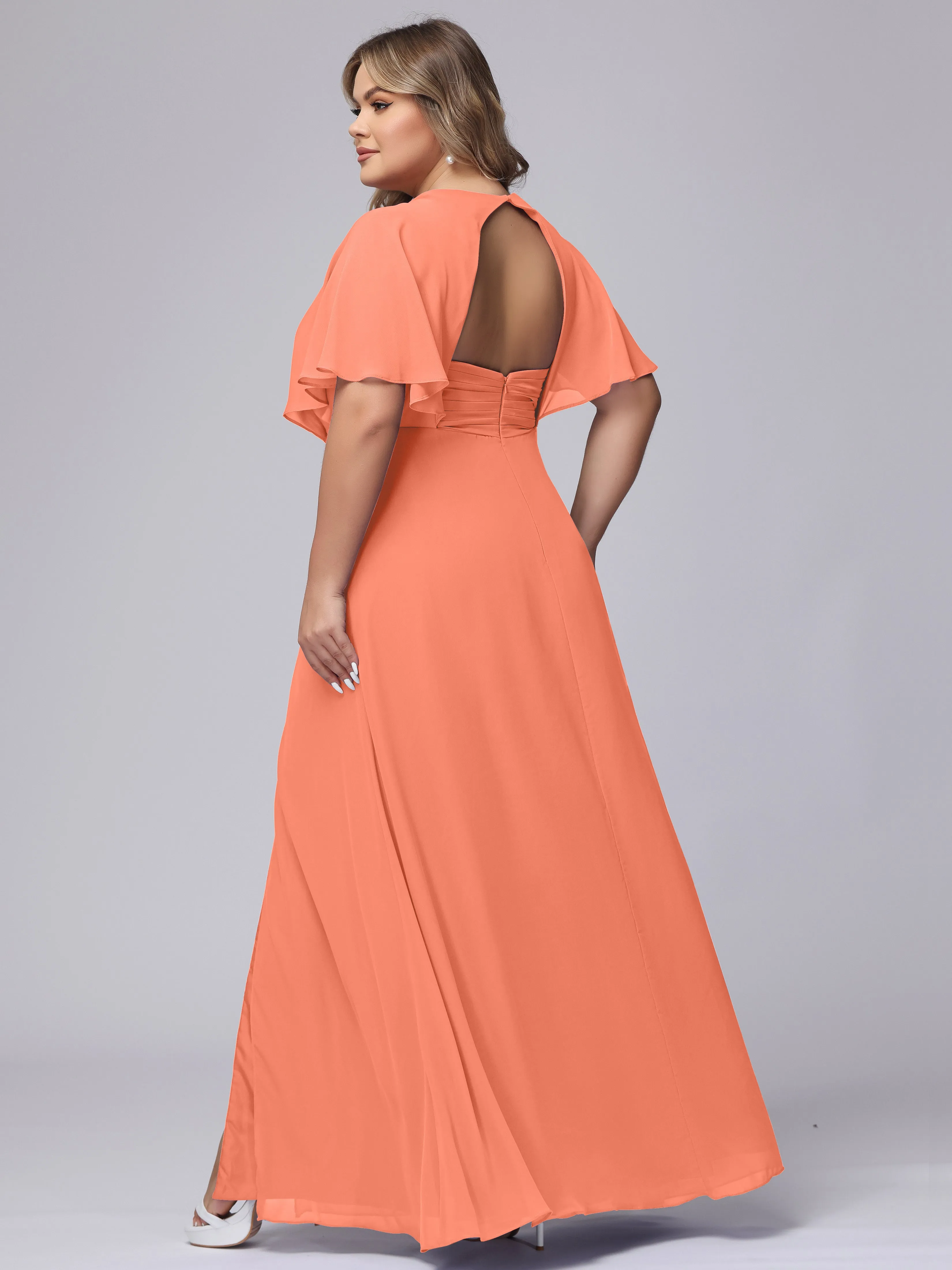 V-Neck Chiffon Short Sleeves Plus Size  Bridesmaid Dresses