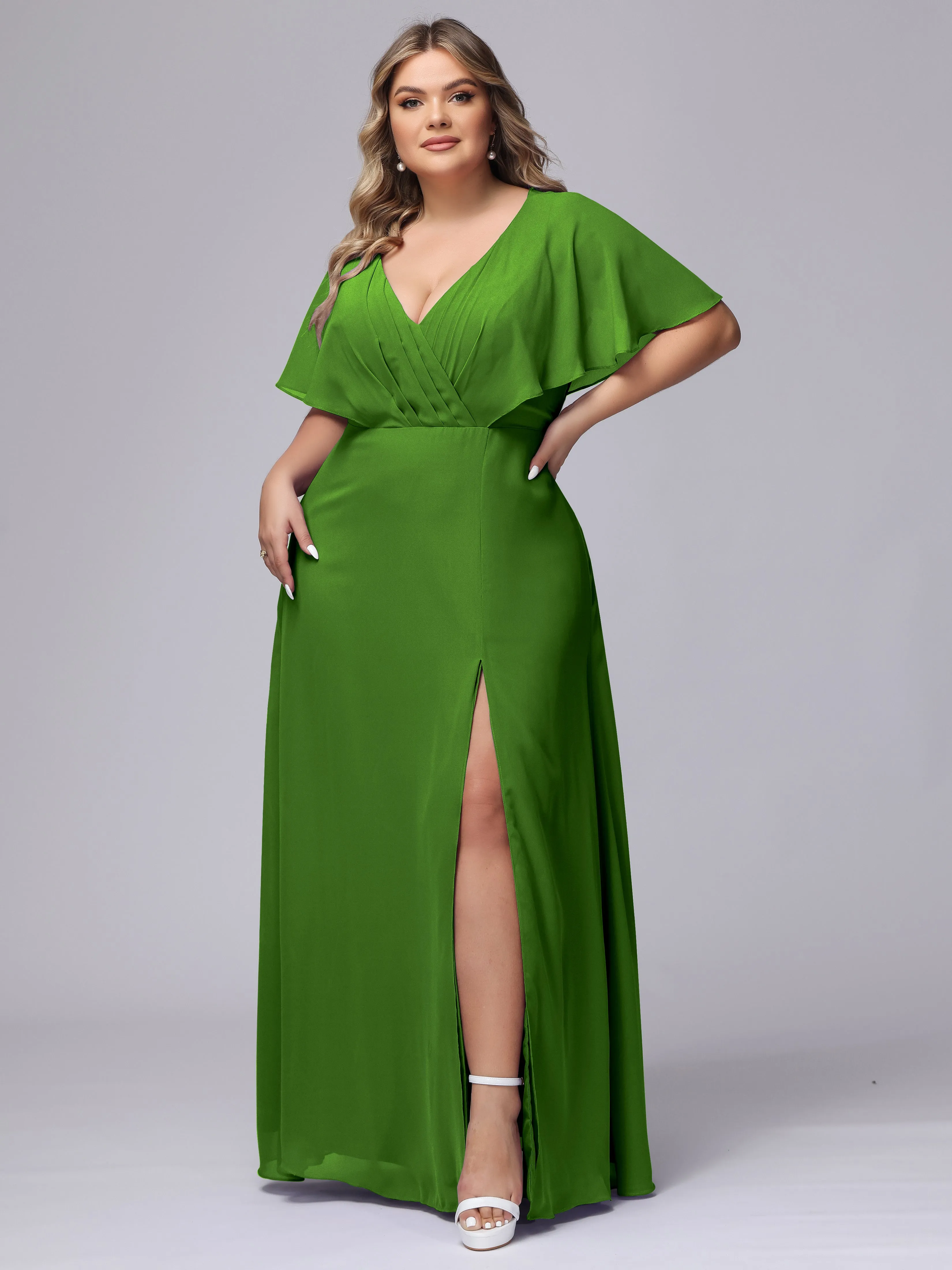 V-Neck Chiffon Short Sleeves Plus Size  Bridesmaid Dresses