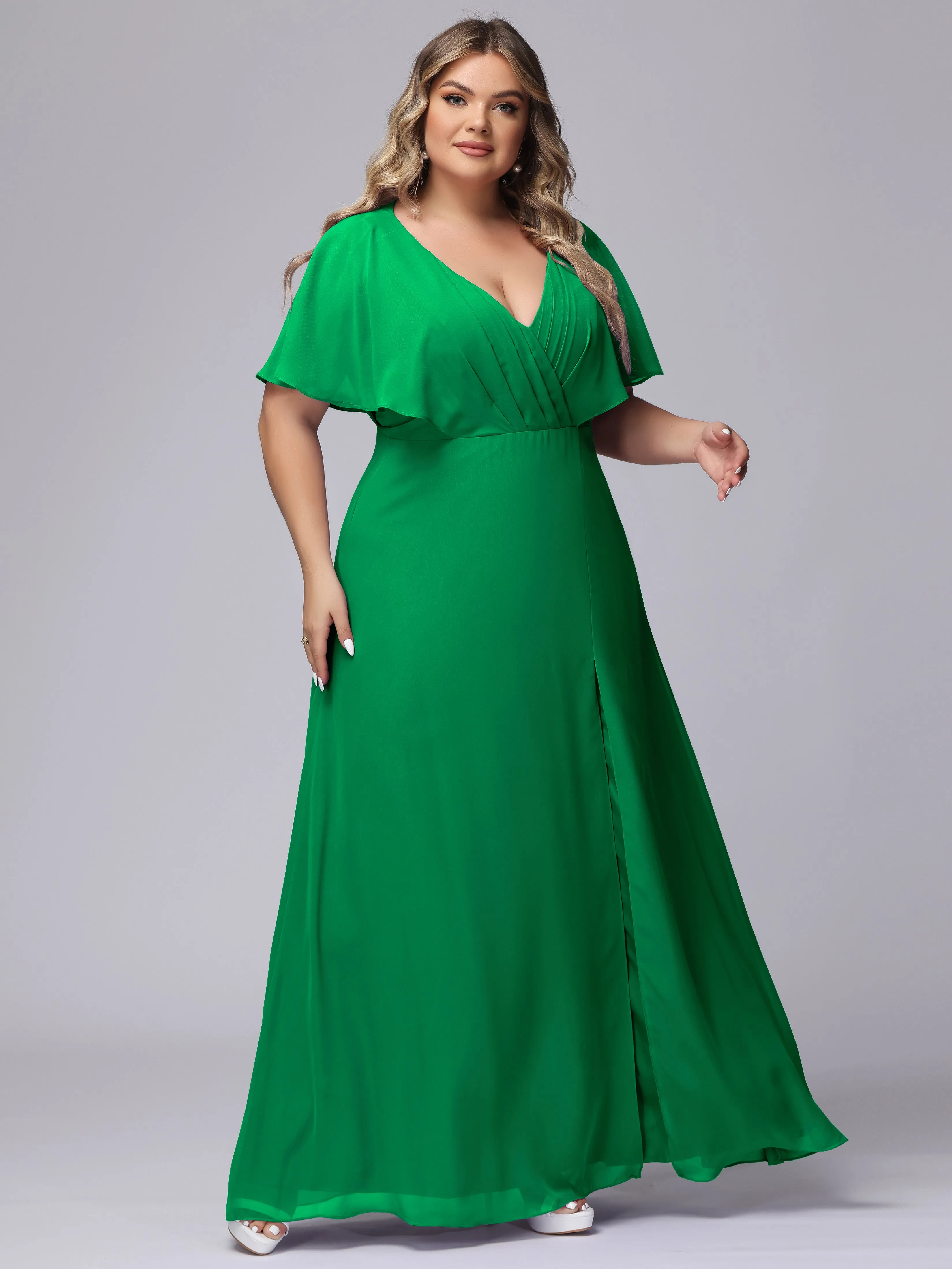 V-Neck Chiffon Short Sleeves Plus Size  Bridesmaid Dresses