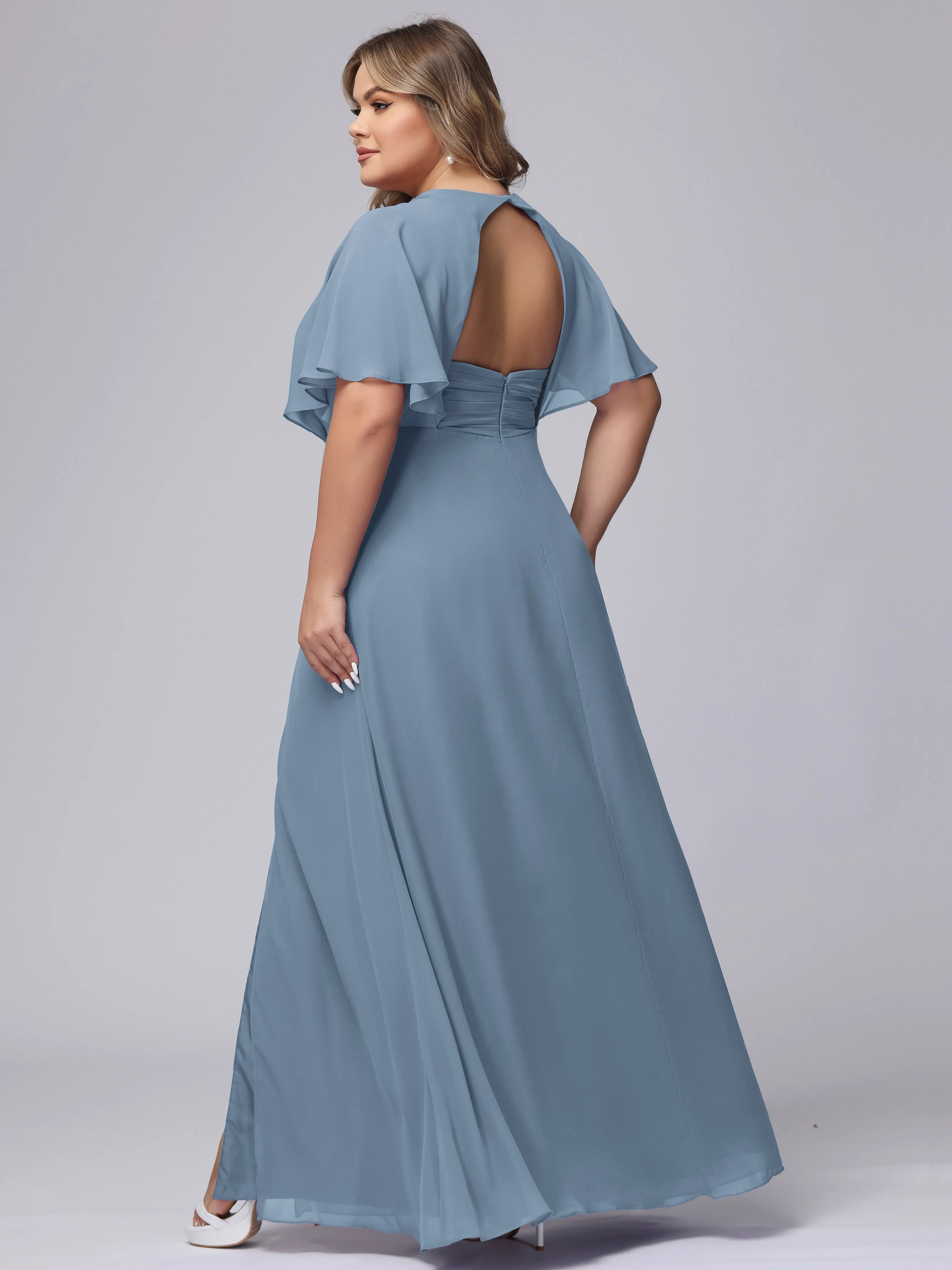 V-Neck Chiffon Short Sleeves Plus Size  Bridesmaid Dresses