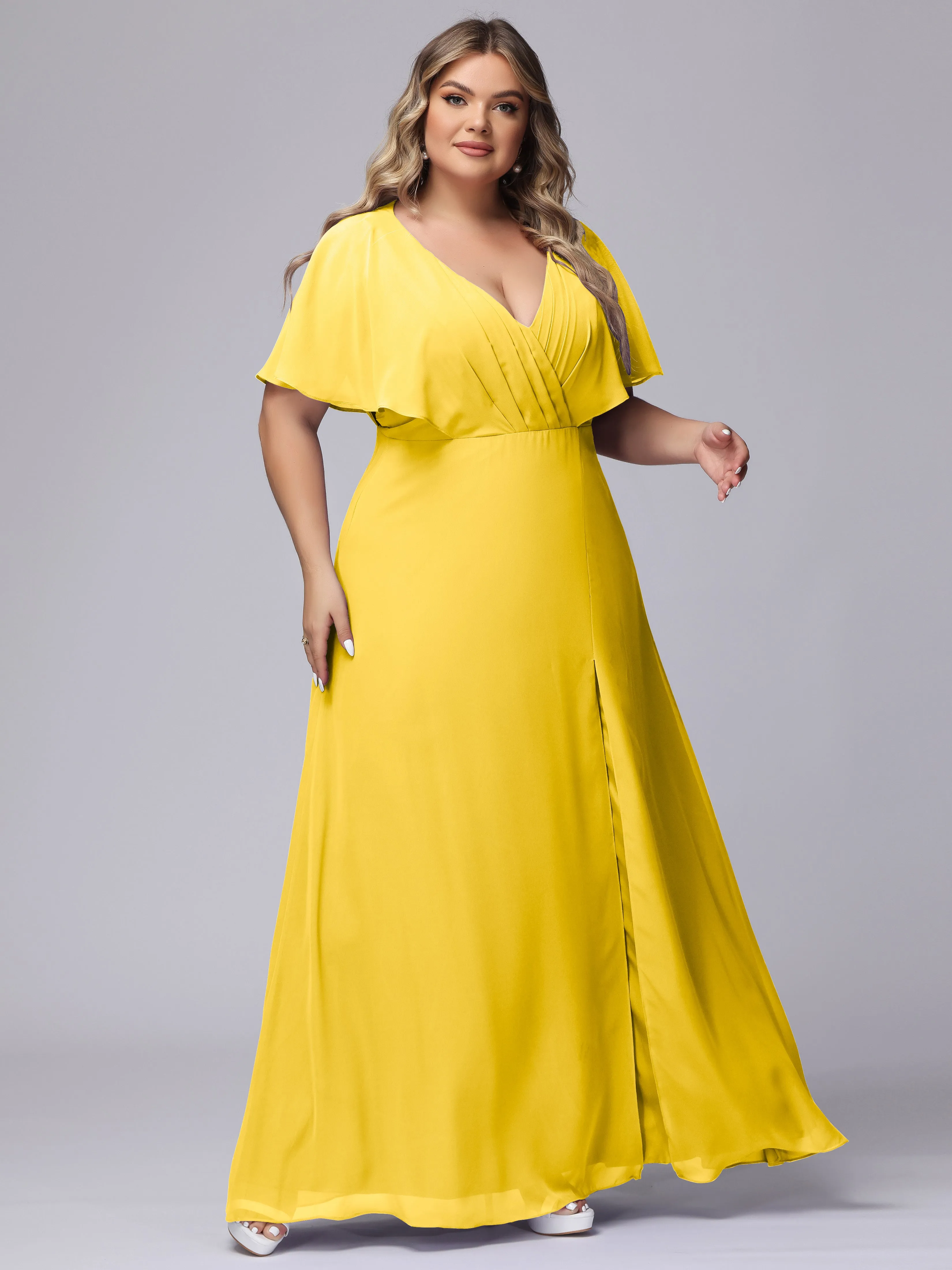 V-Neck Chiffon Short Sleeves Plus Size  Bridesmaid Dresses