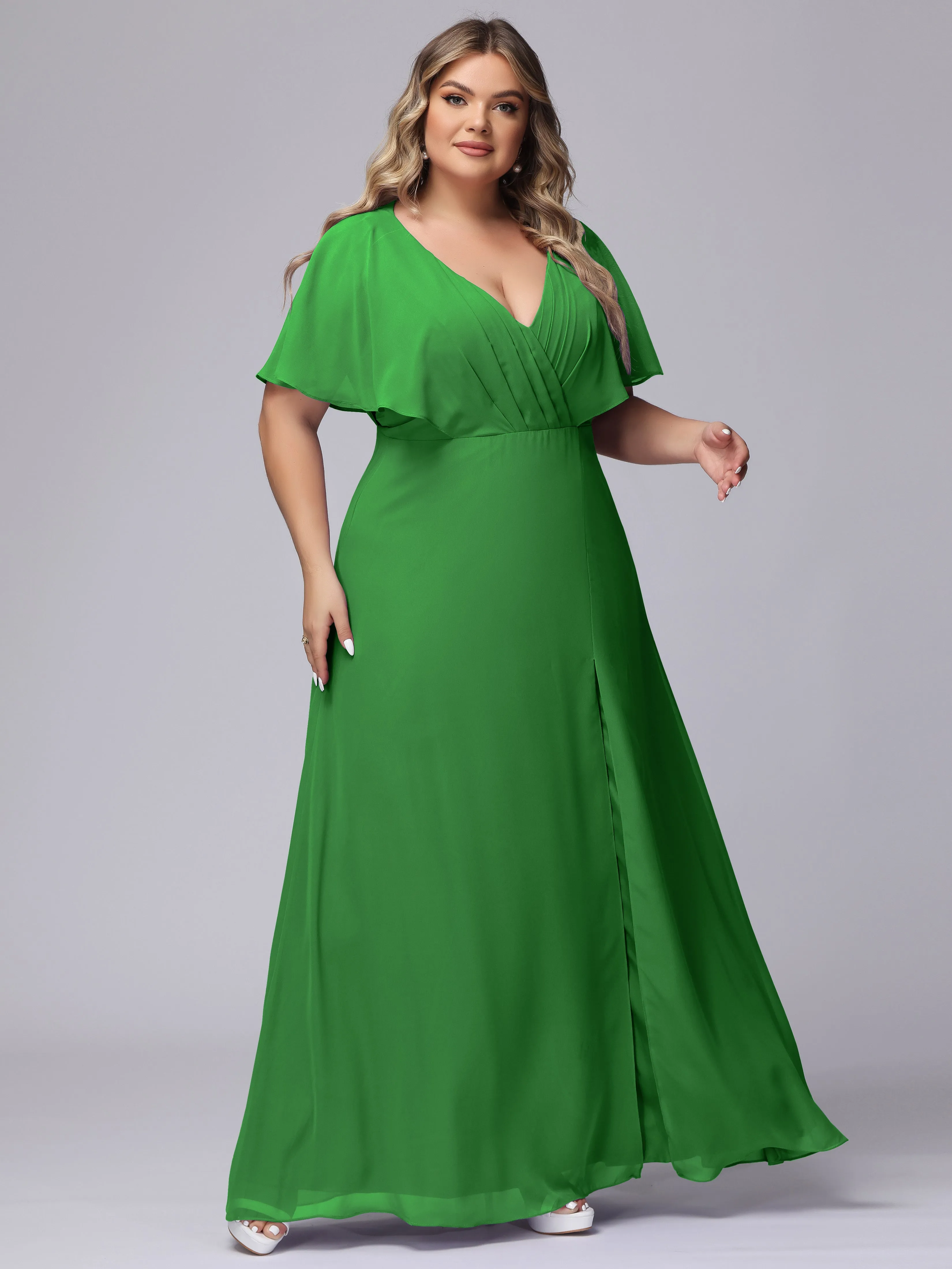 V-Neck Chiffon Short Sleeves Plus Size  Bridesmaid Dresses