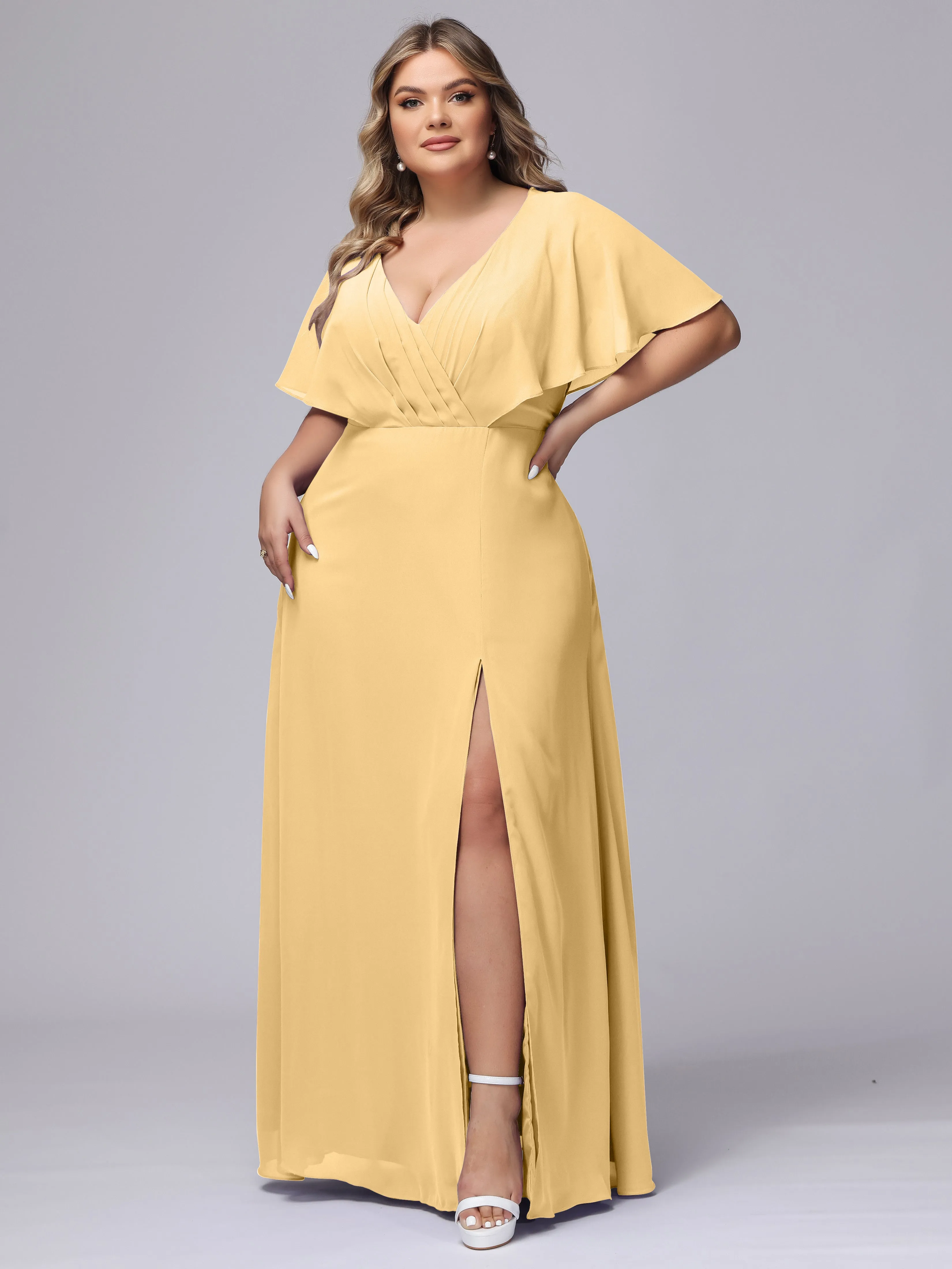 V-Neck Chiffon Short Sleeves Plus Size  Bridesmaid Dresses