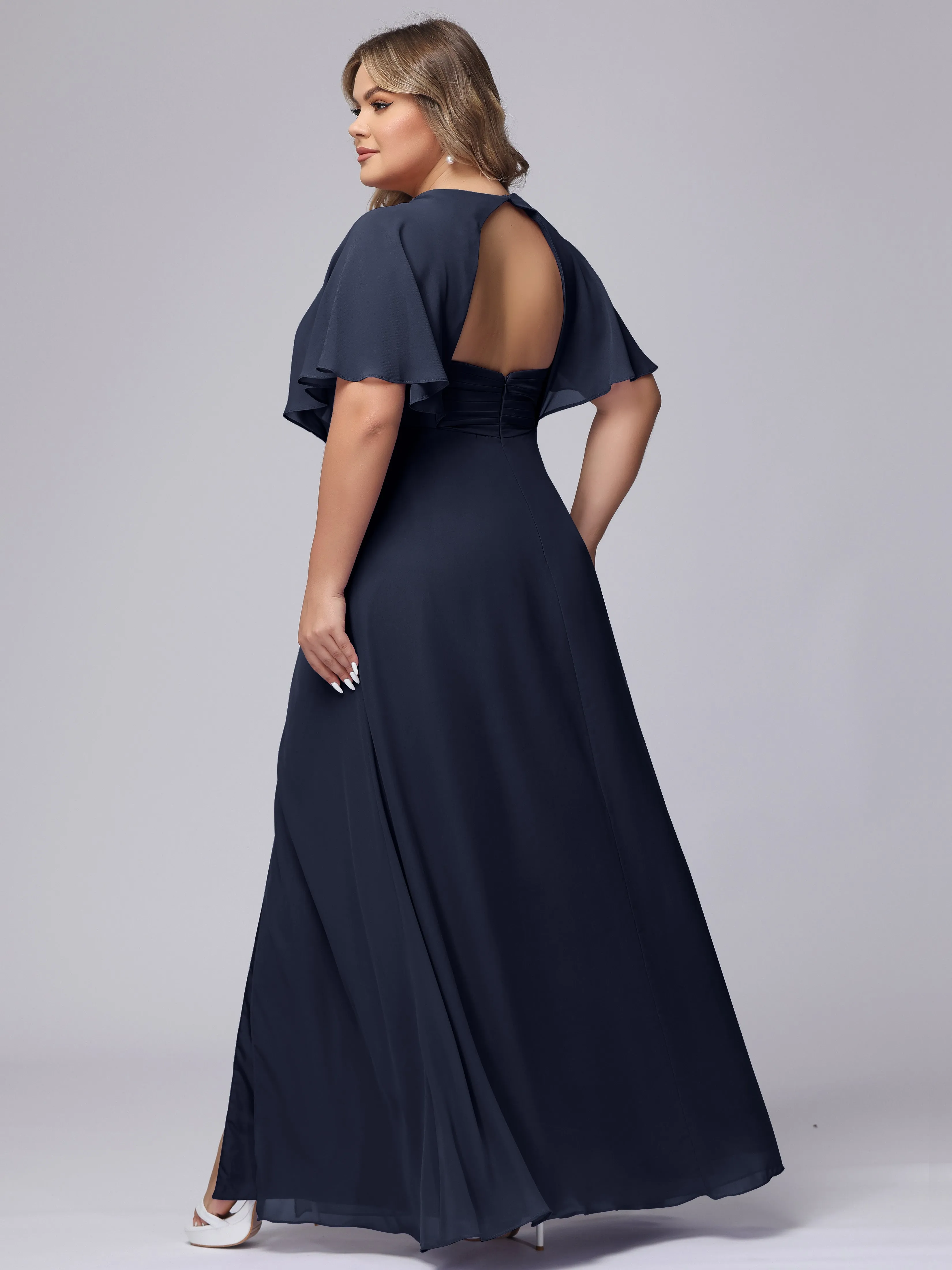 V-Neck Chiffon Short Sleeves Plus Size  Bridesmaid Dresses