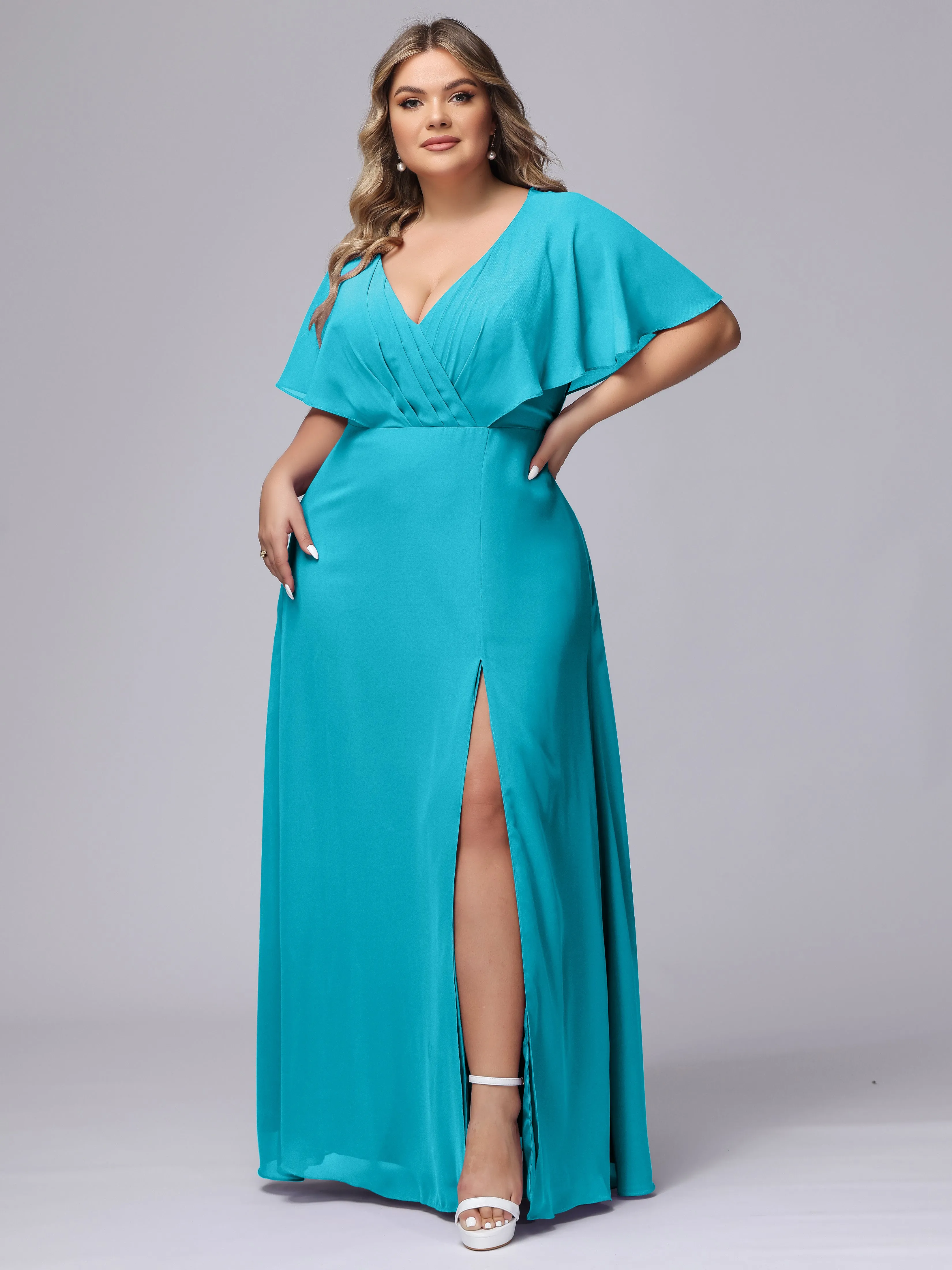V-Neck Chiffon Short Sleeves Plus Size  Bridesmaid Dresses