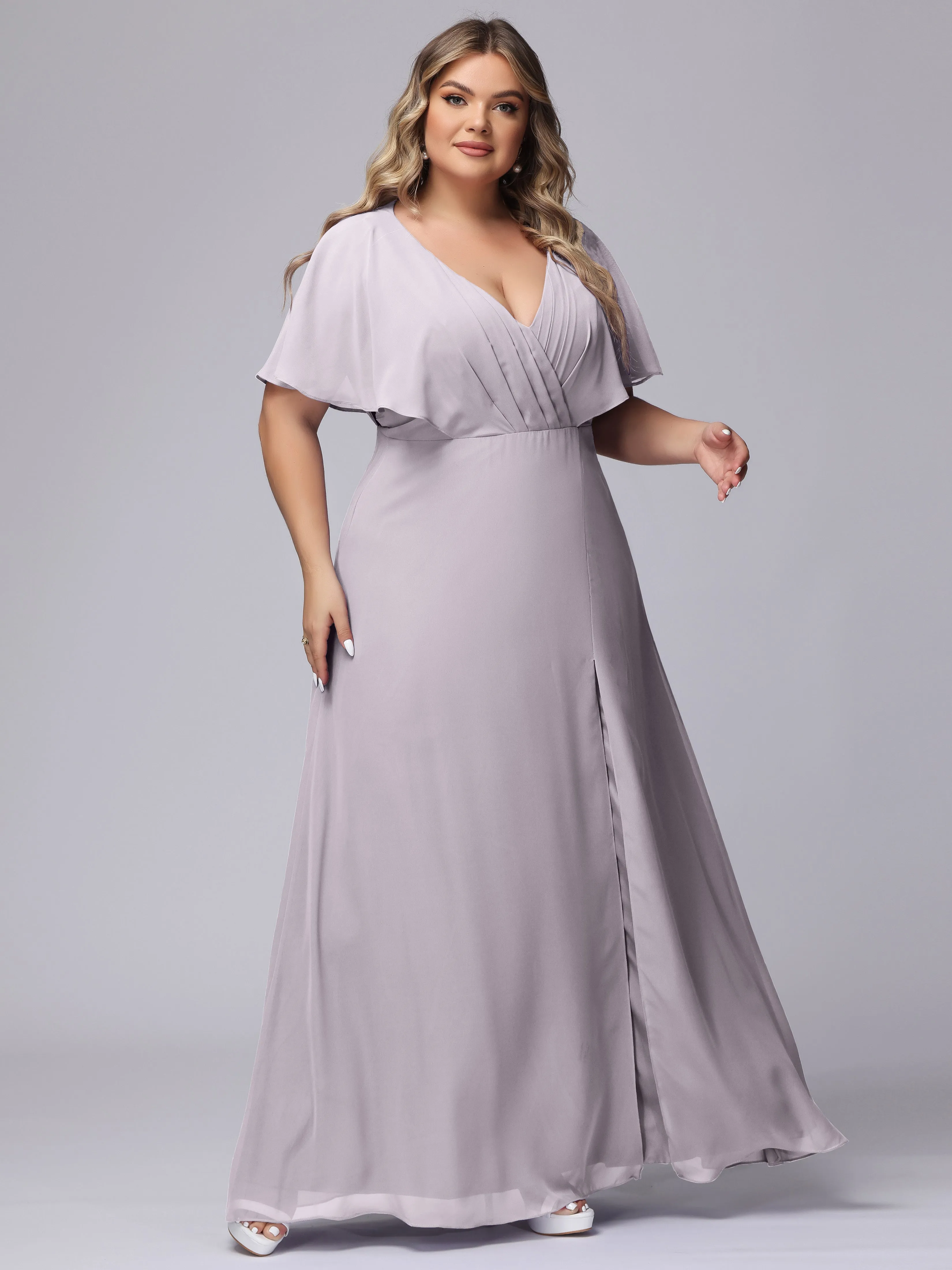 V-Neck Chiffon Short Sleeves Plus Size  Bridesmaid Dresses