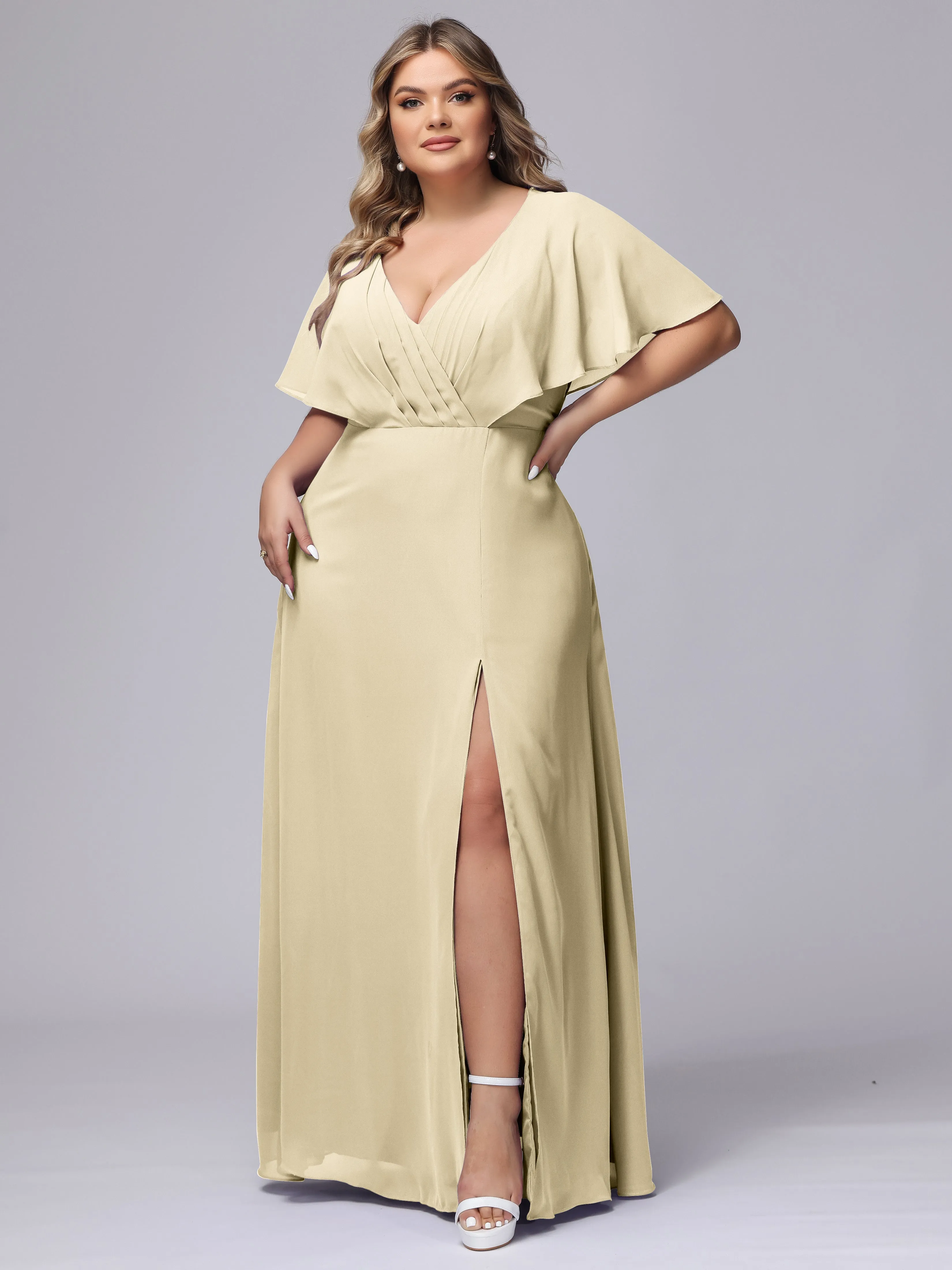V-Neck Chiffon Short Sleeves Plus Size  Bridesmaid Dresses