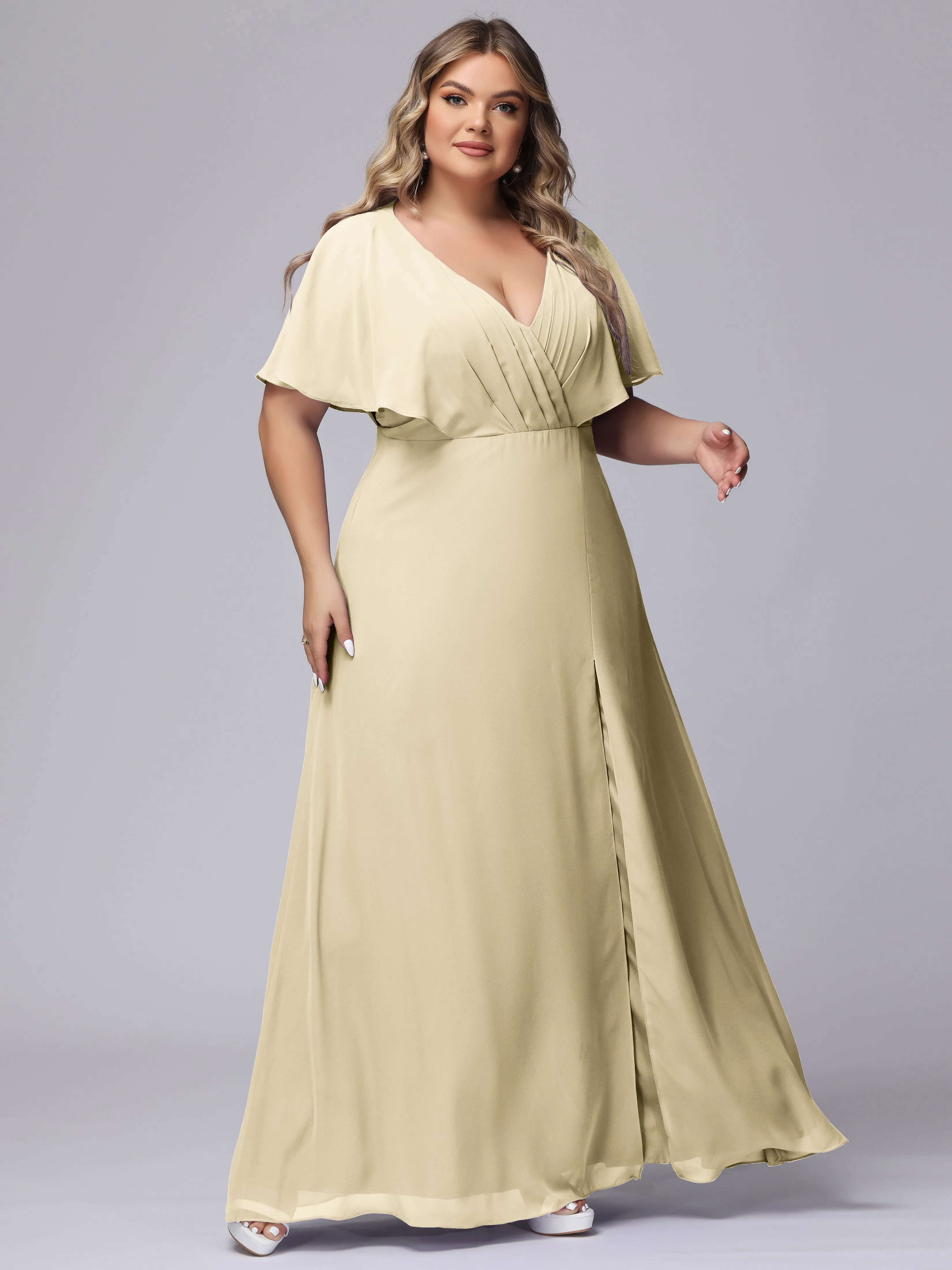 V-Neck Chiffon Short Sleeves Plus Size  Bridesmaid Dresses