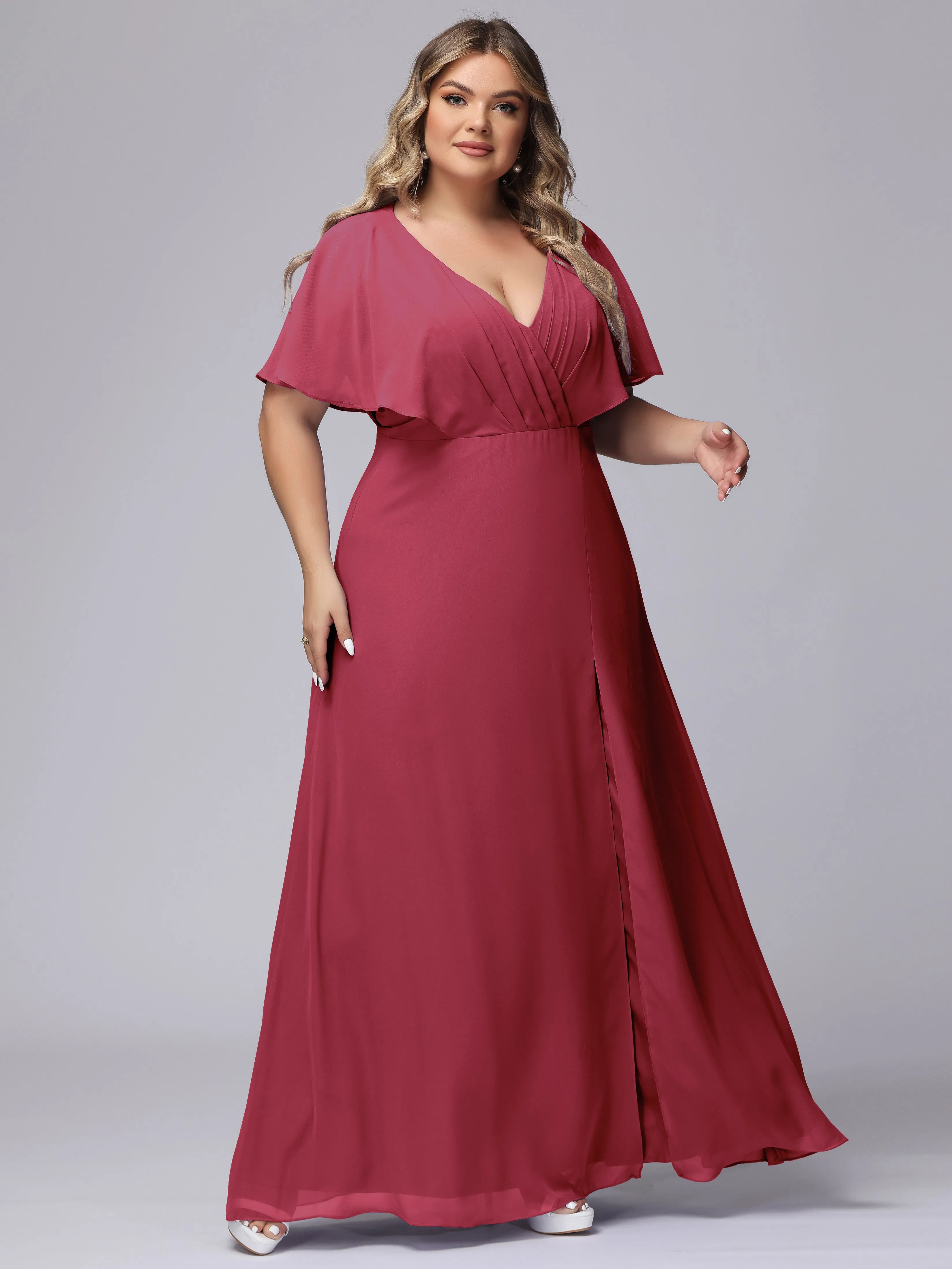 V-Neck Chiffon Short Sleeves Plus Size  Bridesmaid Dresses