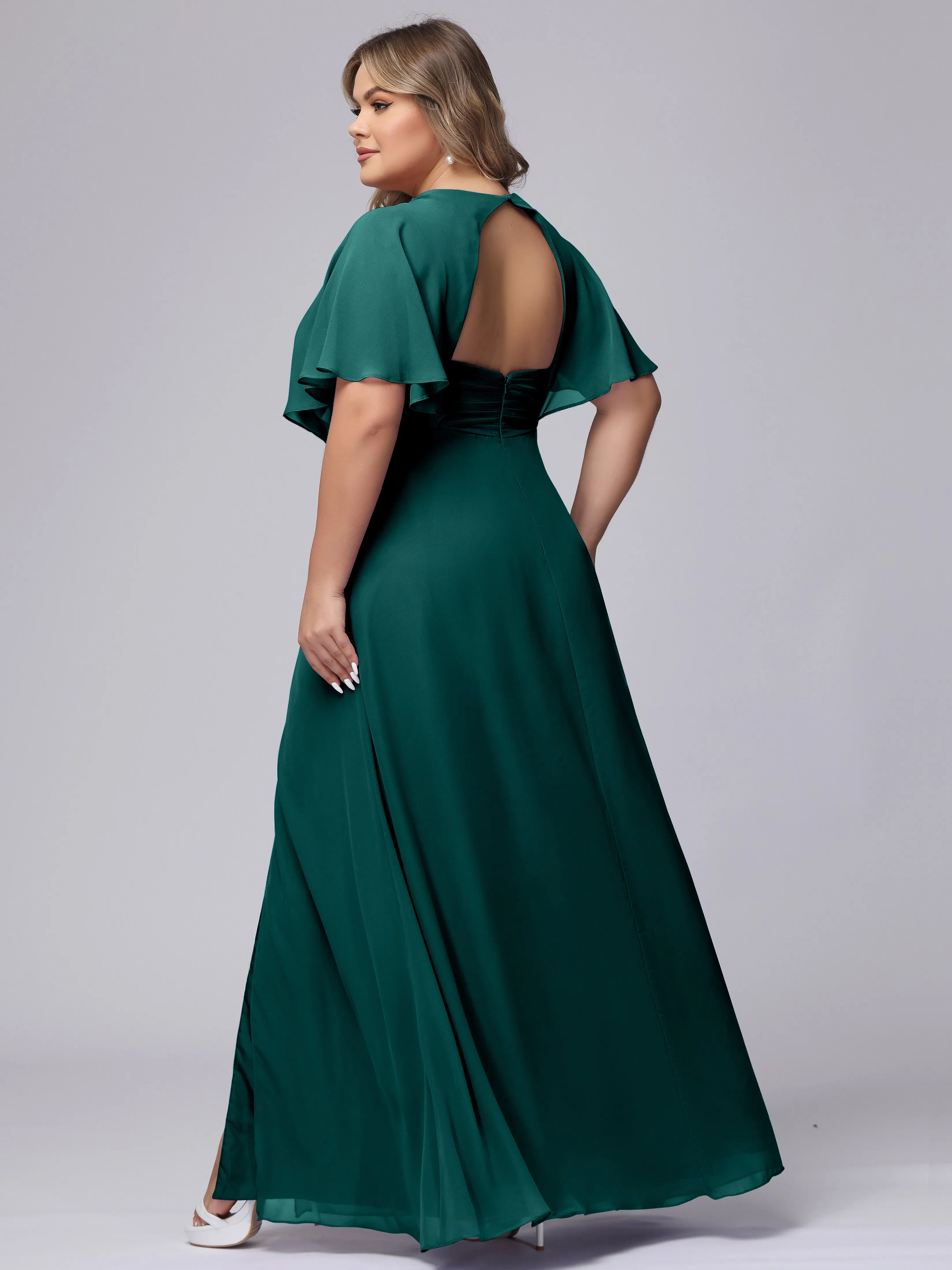 V-Neck Chiffon Short Sleeves Plus Size  Bridesmaid Dresses