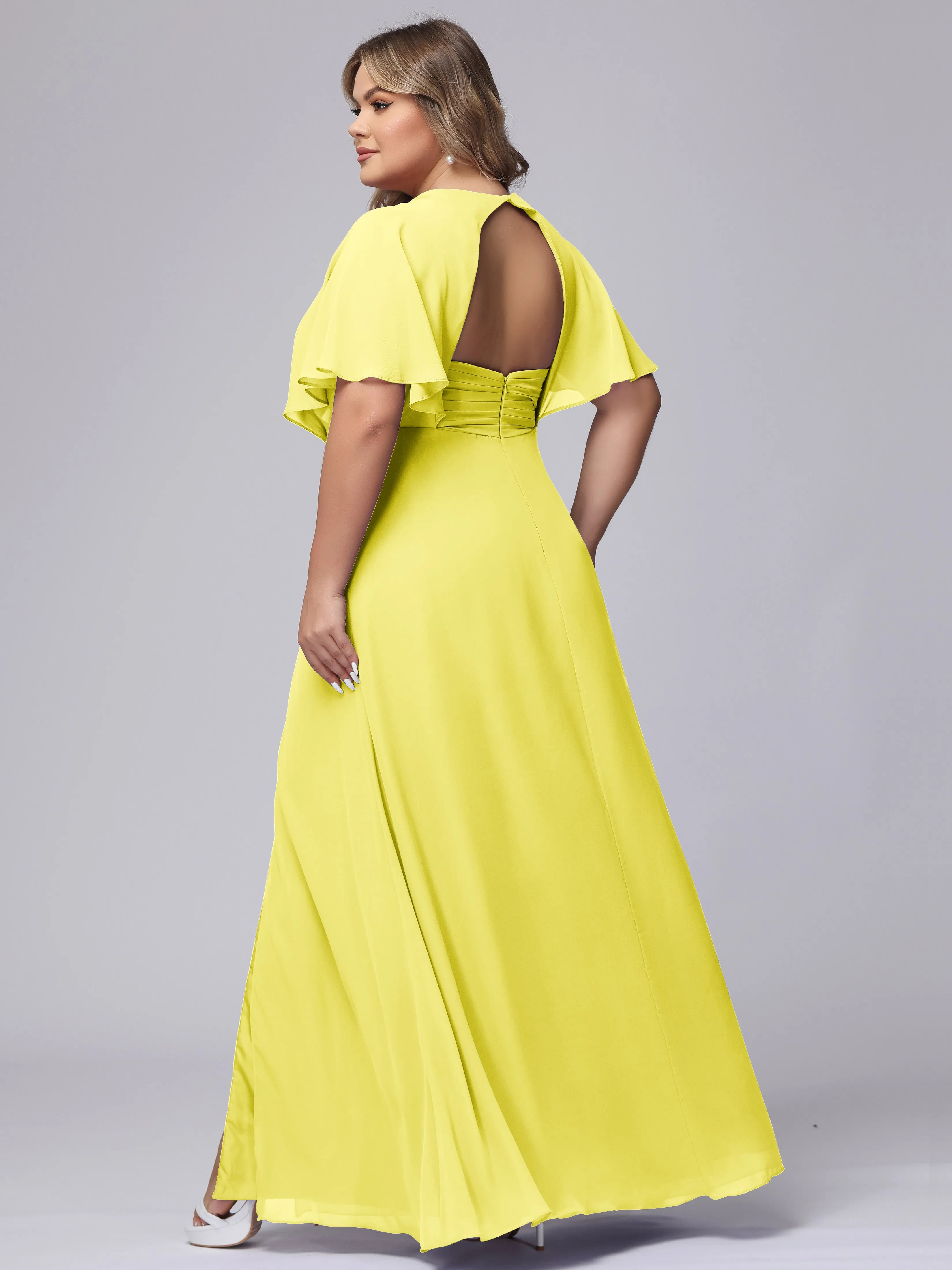 V-Neck Chiffon Short Sleeves Plus Size  Bridesmaid Dresses