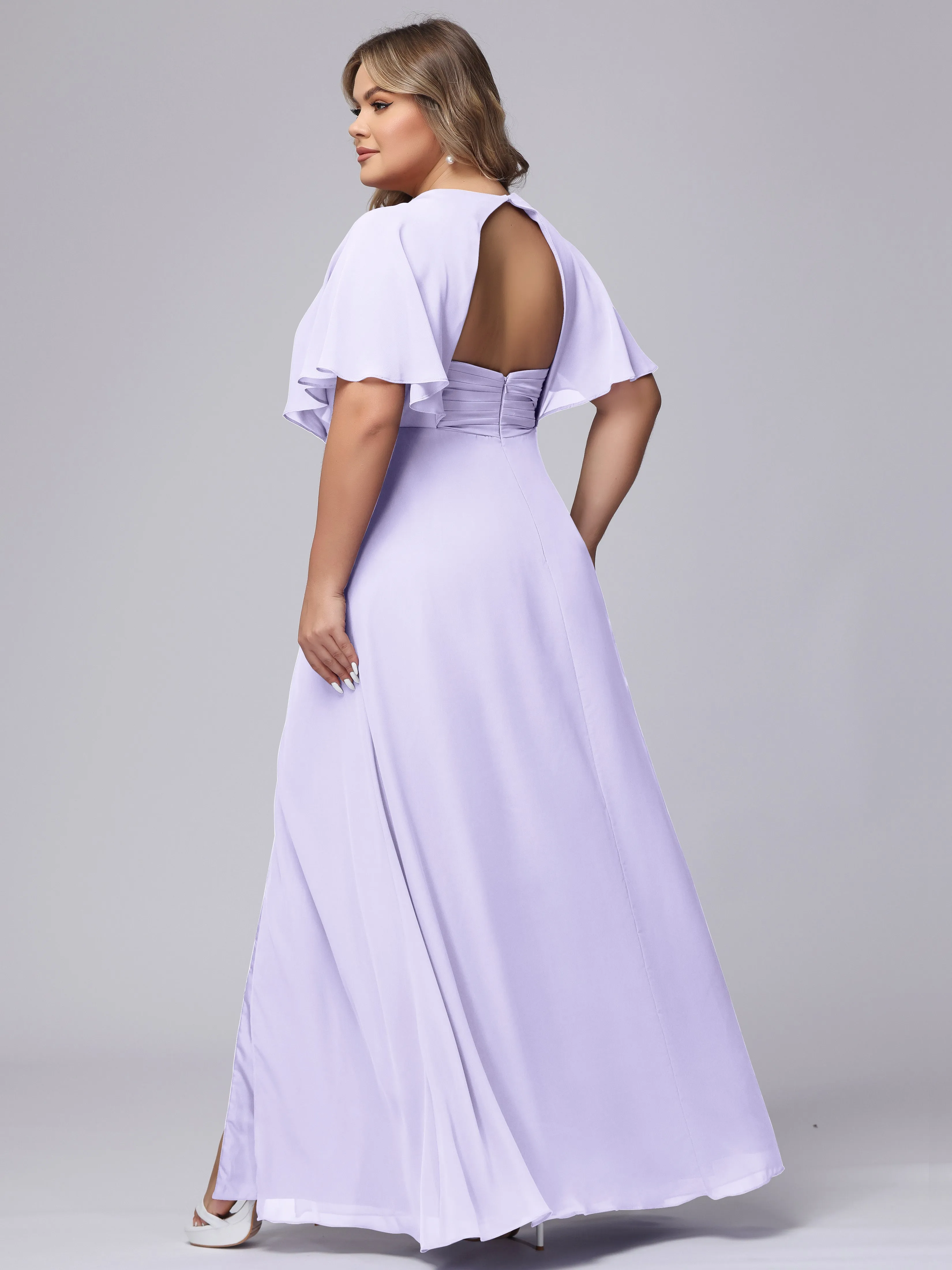V-Neck Chiffon Short Sleeves Plus Size  Bridesmaid Dresses