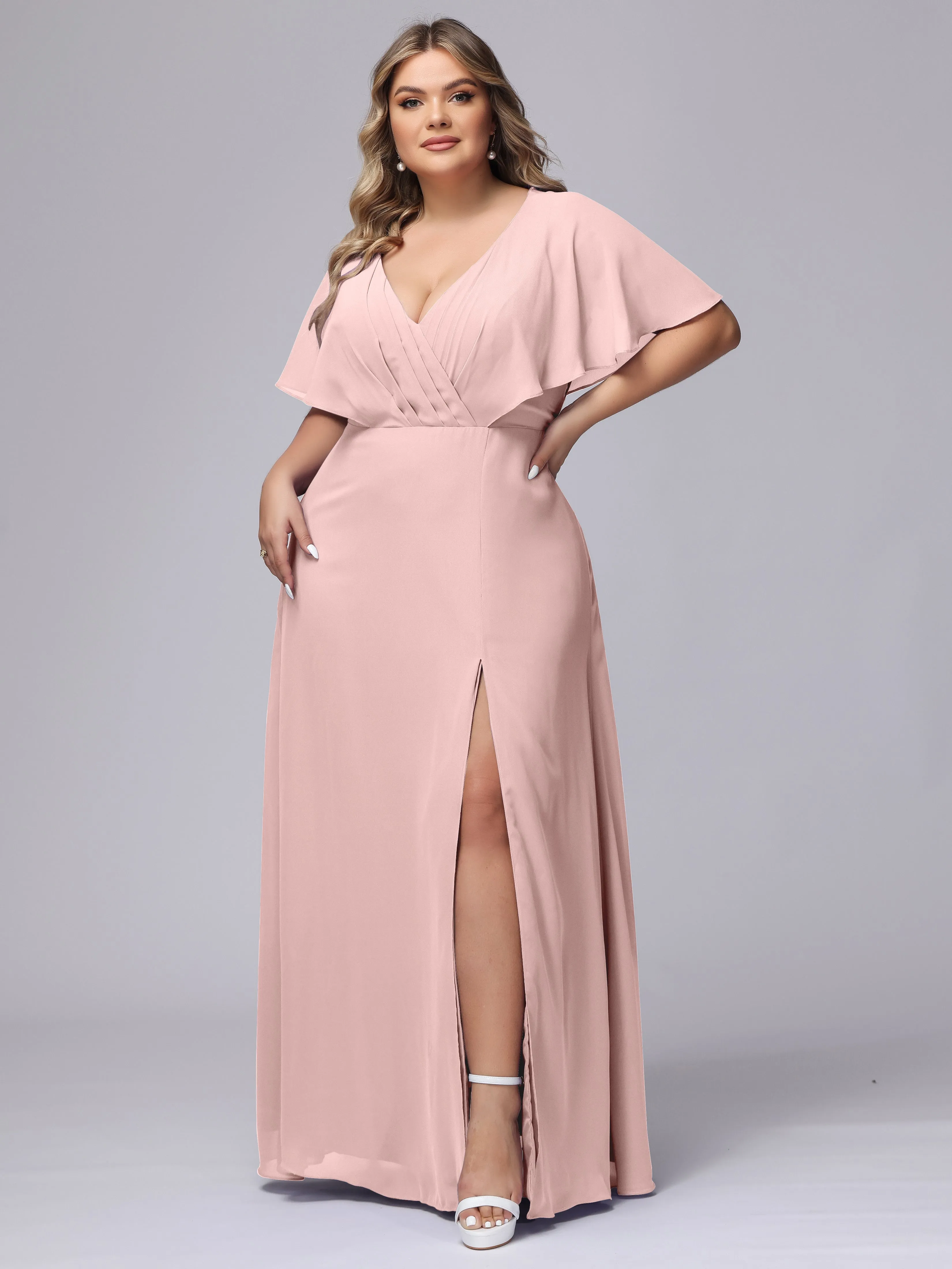 V-Neck Chiffon Short Sleeves Plus Size  Bridesmaid Dresses