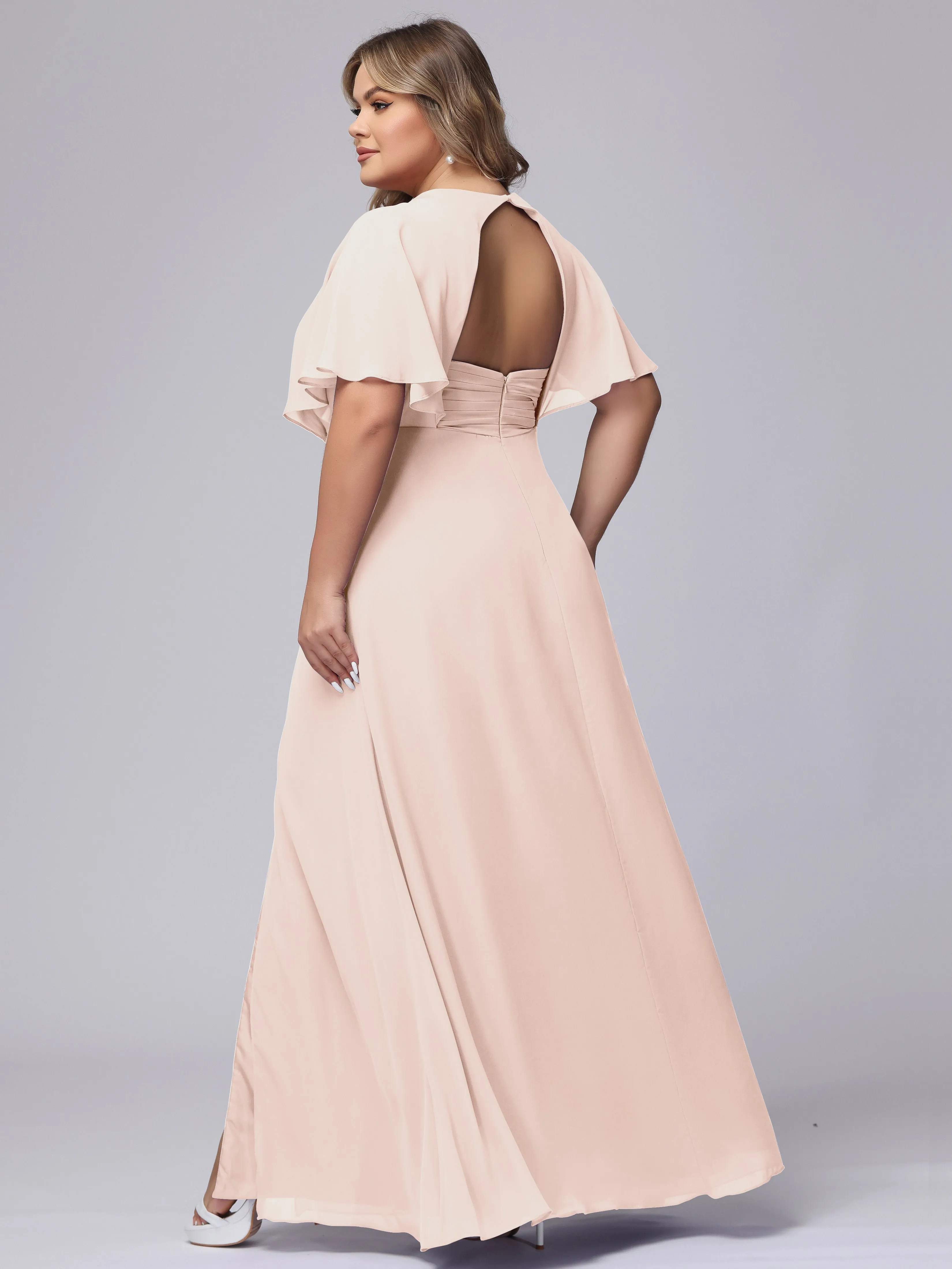 V-Neck Chiffon Short Sleeves Plus Size  Bridesmaid Dresses