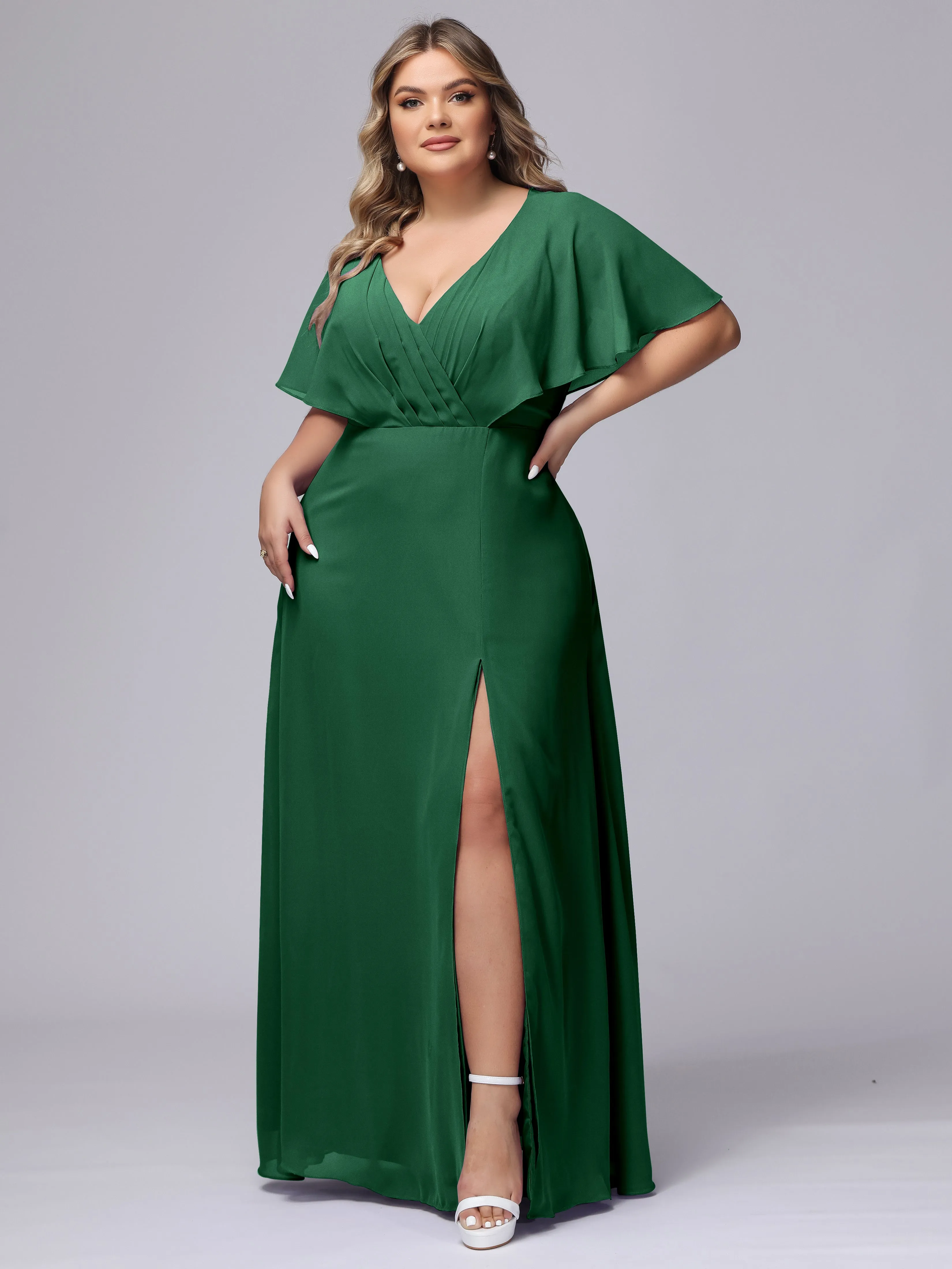 V-Neck Chiffon Short Sleeves Plus Size  Bridesmaid Dresses