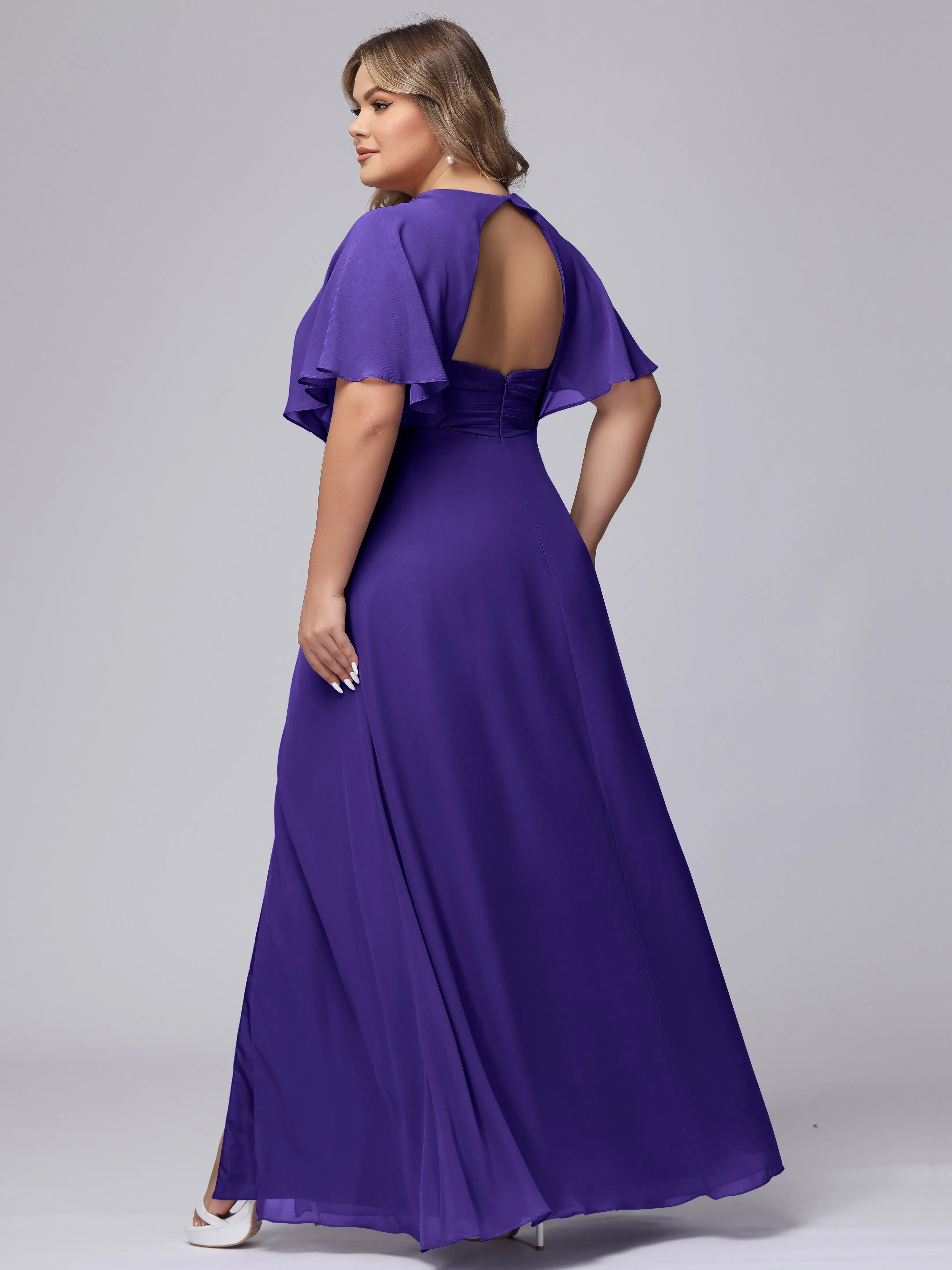 V-Neck Chiffon Short Sleeves Plus Size  Bridesmaid Dresses