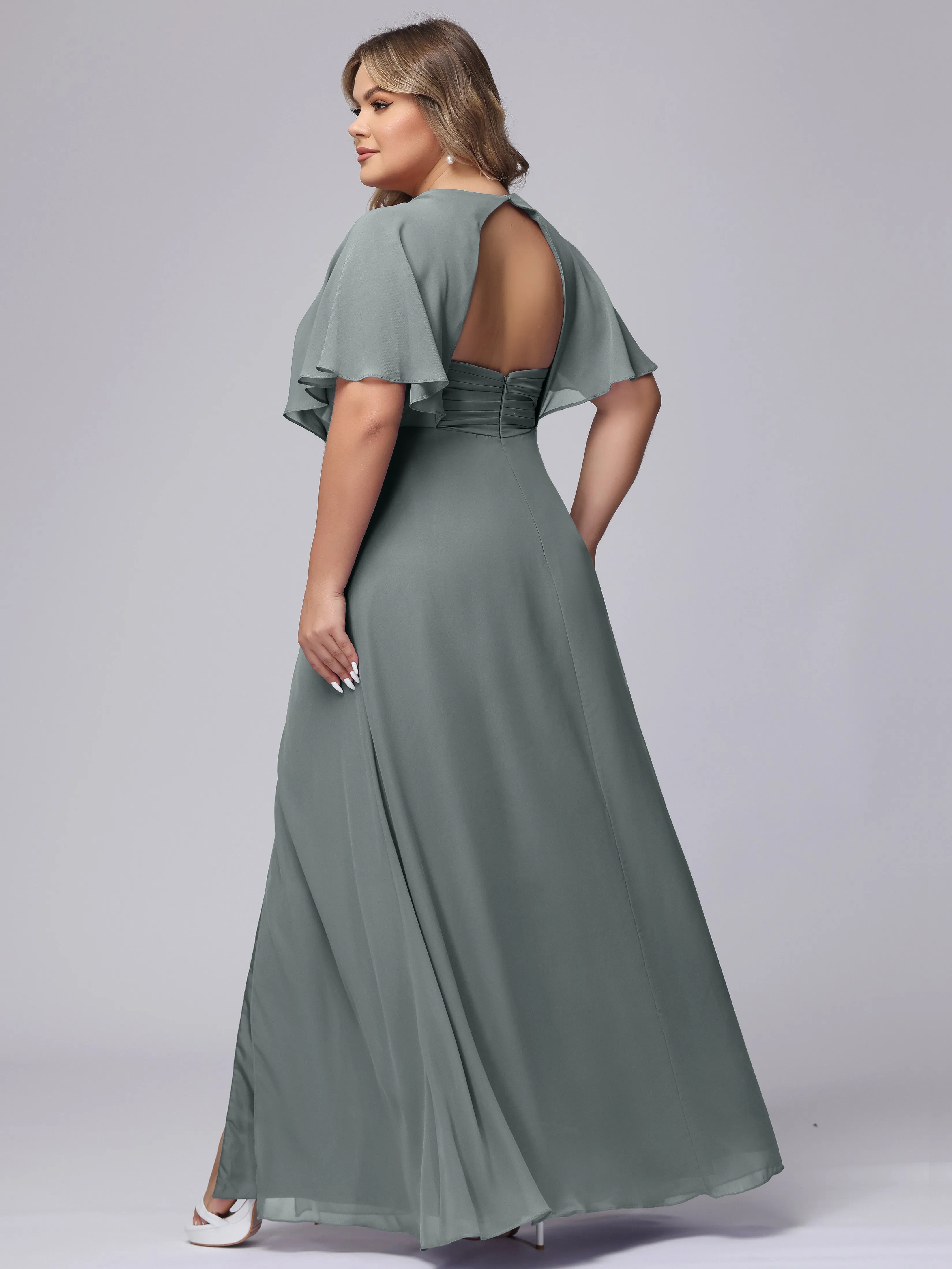 V-Neck Chiffon Short Sleeves Plus Size  Bridesmaid Dresses