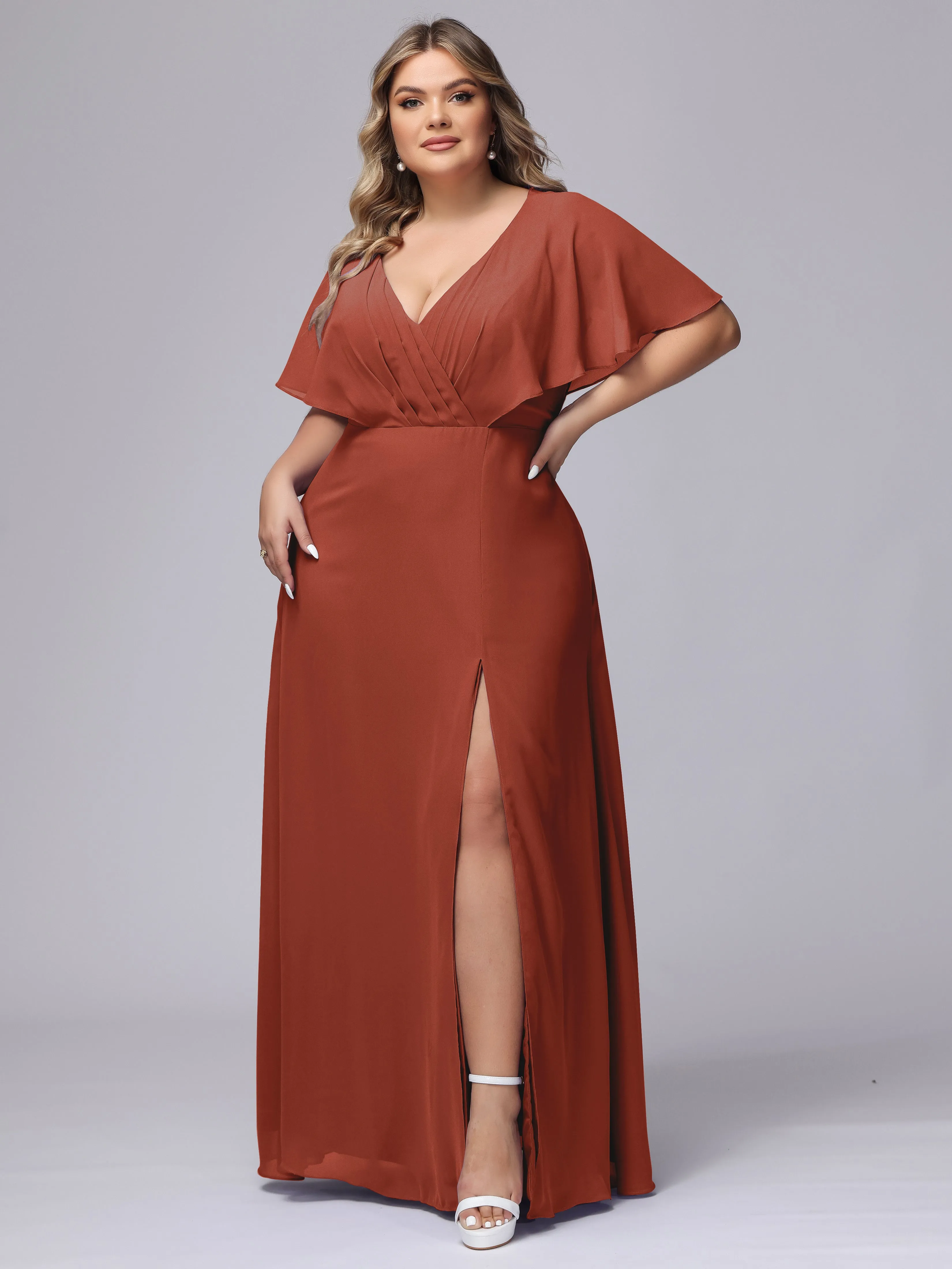 V-Neck Chiffon Short Sleeves Plus Size  Bridesmaid Dresses