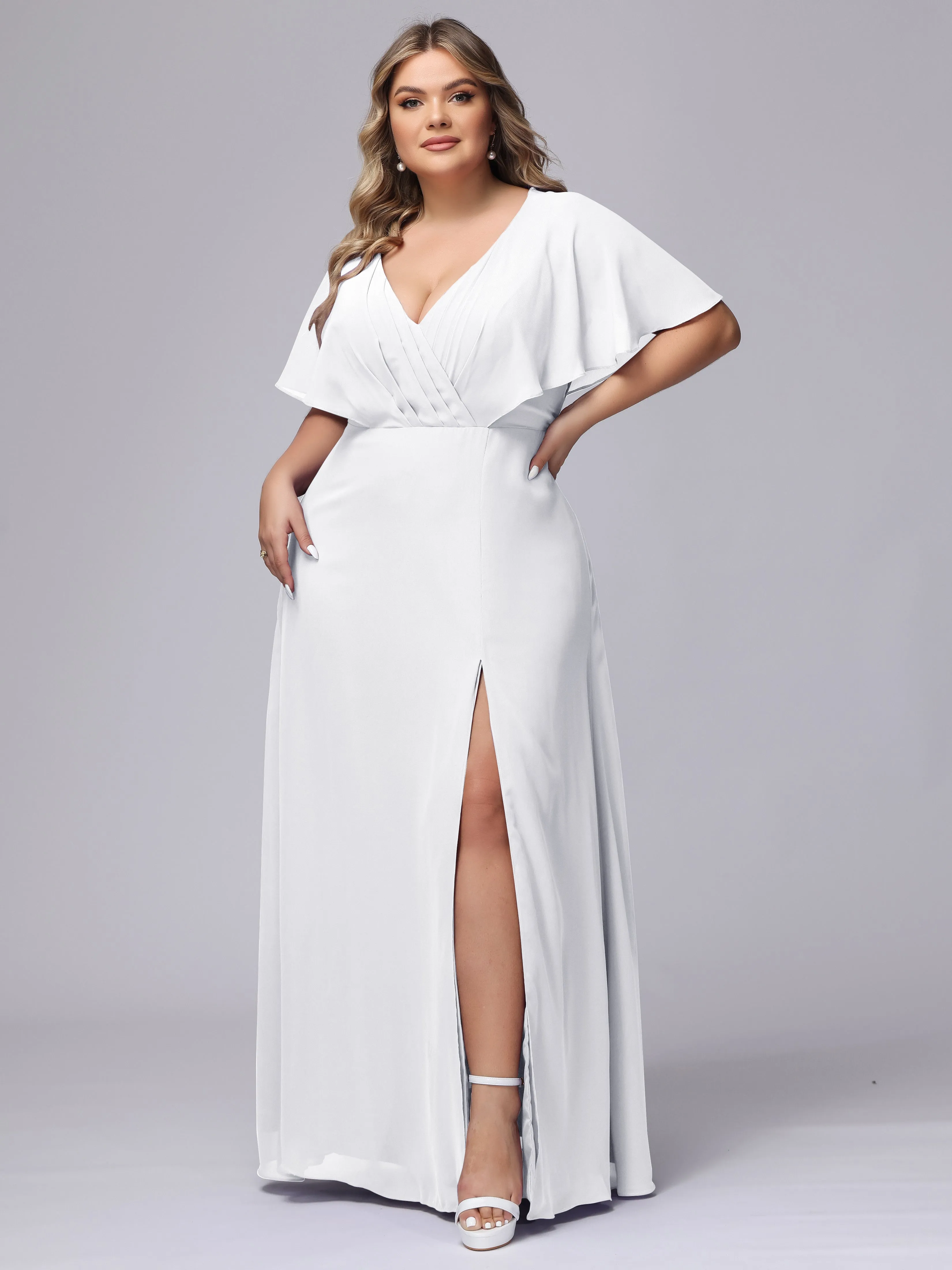 V-Neck Chiffon Short Sleeves Plus Size  Bridesmaid Dresses