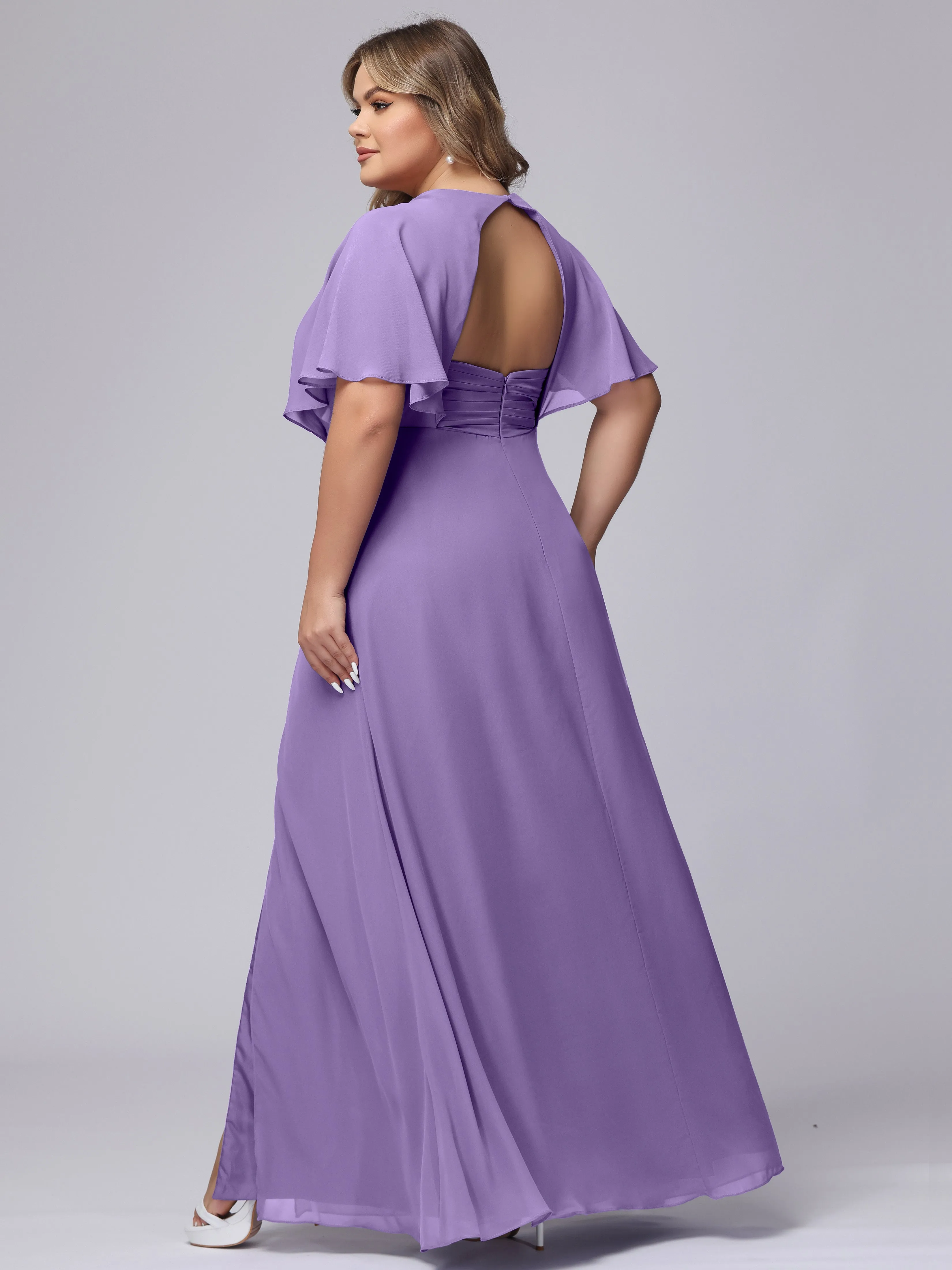 V-Neck Chiffon Short Sleeves Plus Size  Bridesmaid Dresses