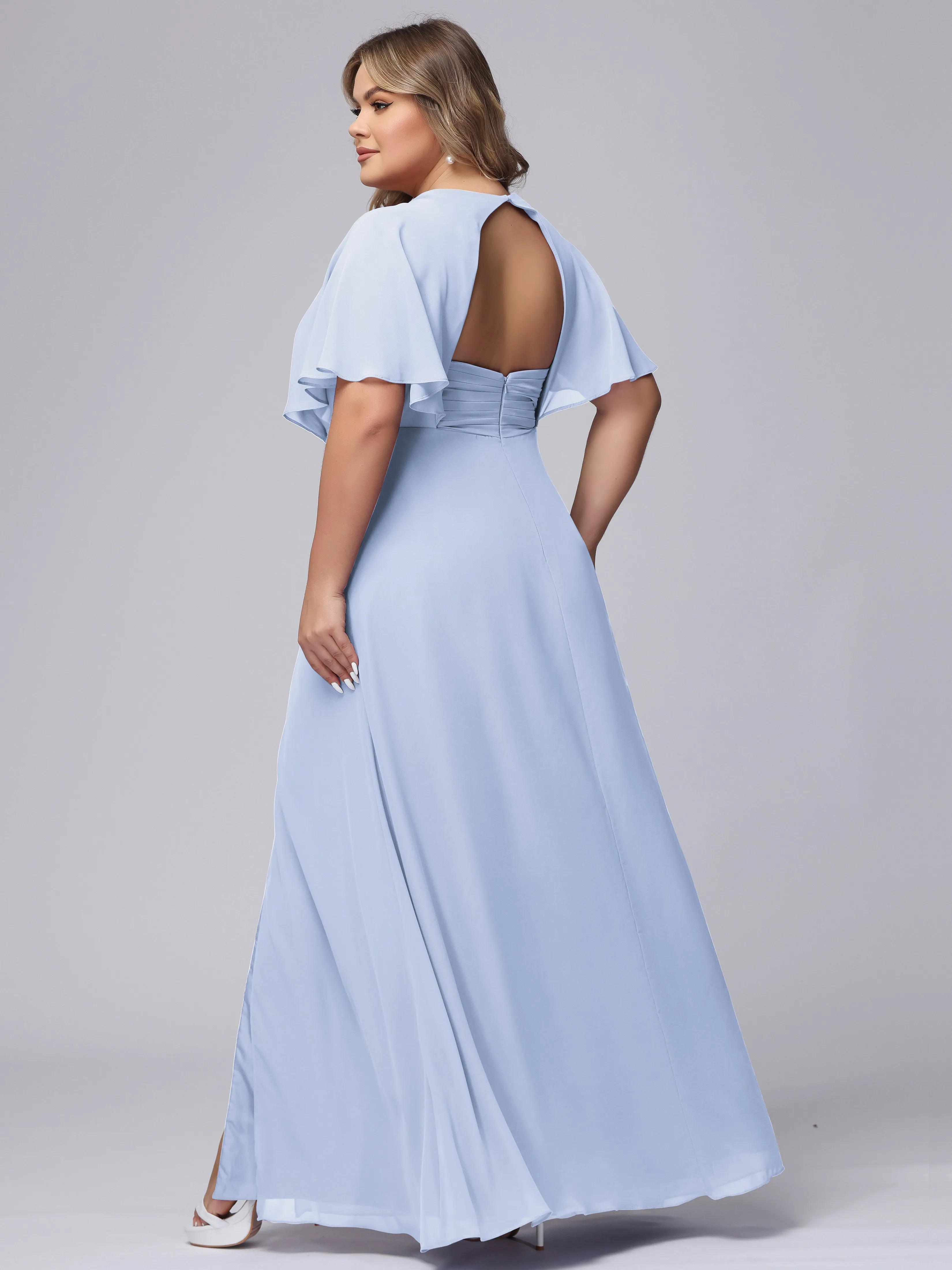 V-Neck Chiffon Short Sleeves Plus Size  Bridesmaid Dresses