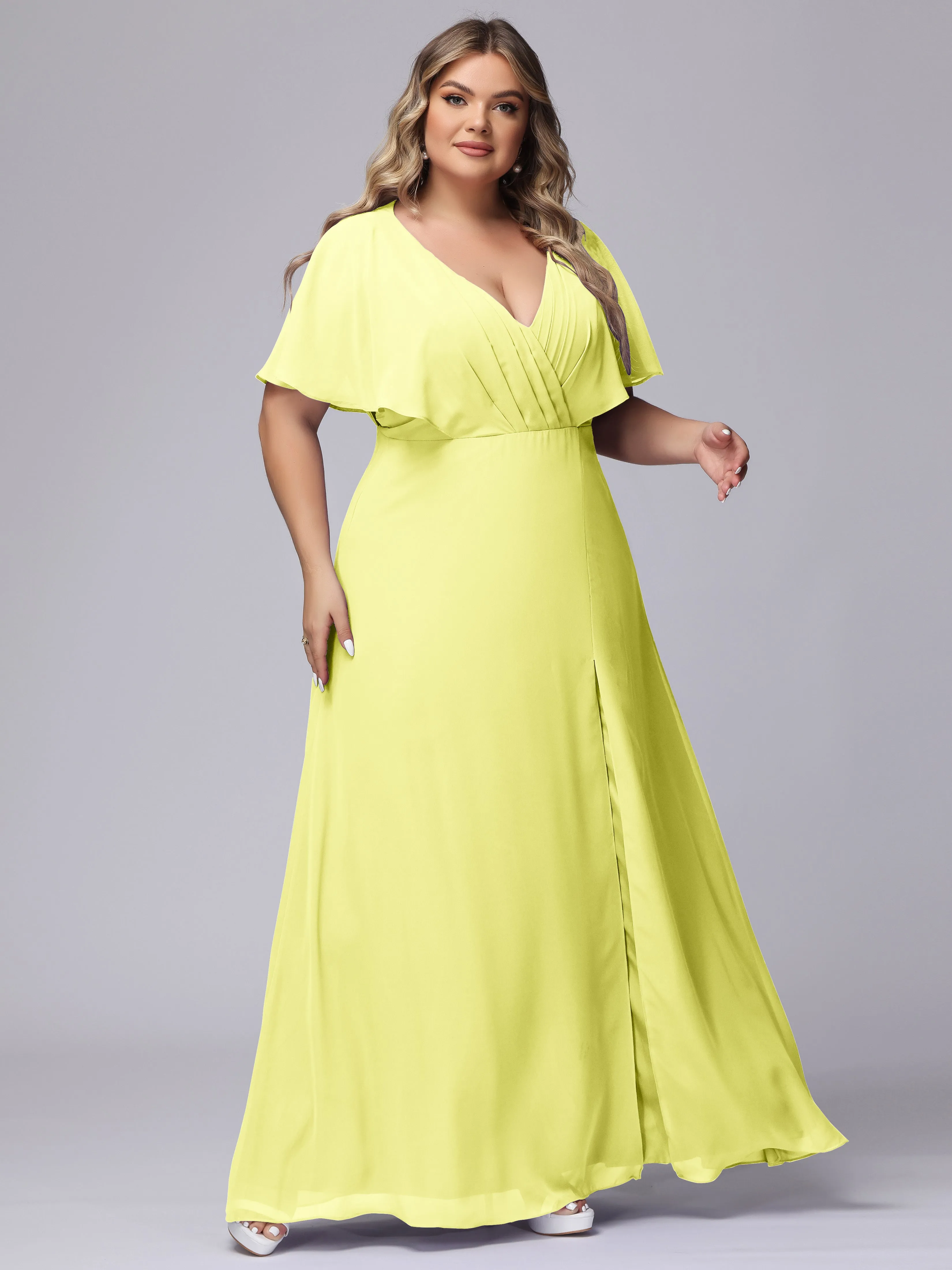V-Neck Chiffon Short Sleeves Plus Size  Bridesmaid Dresses