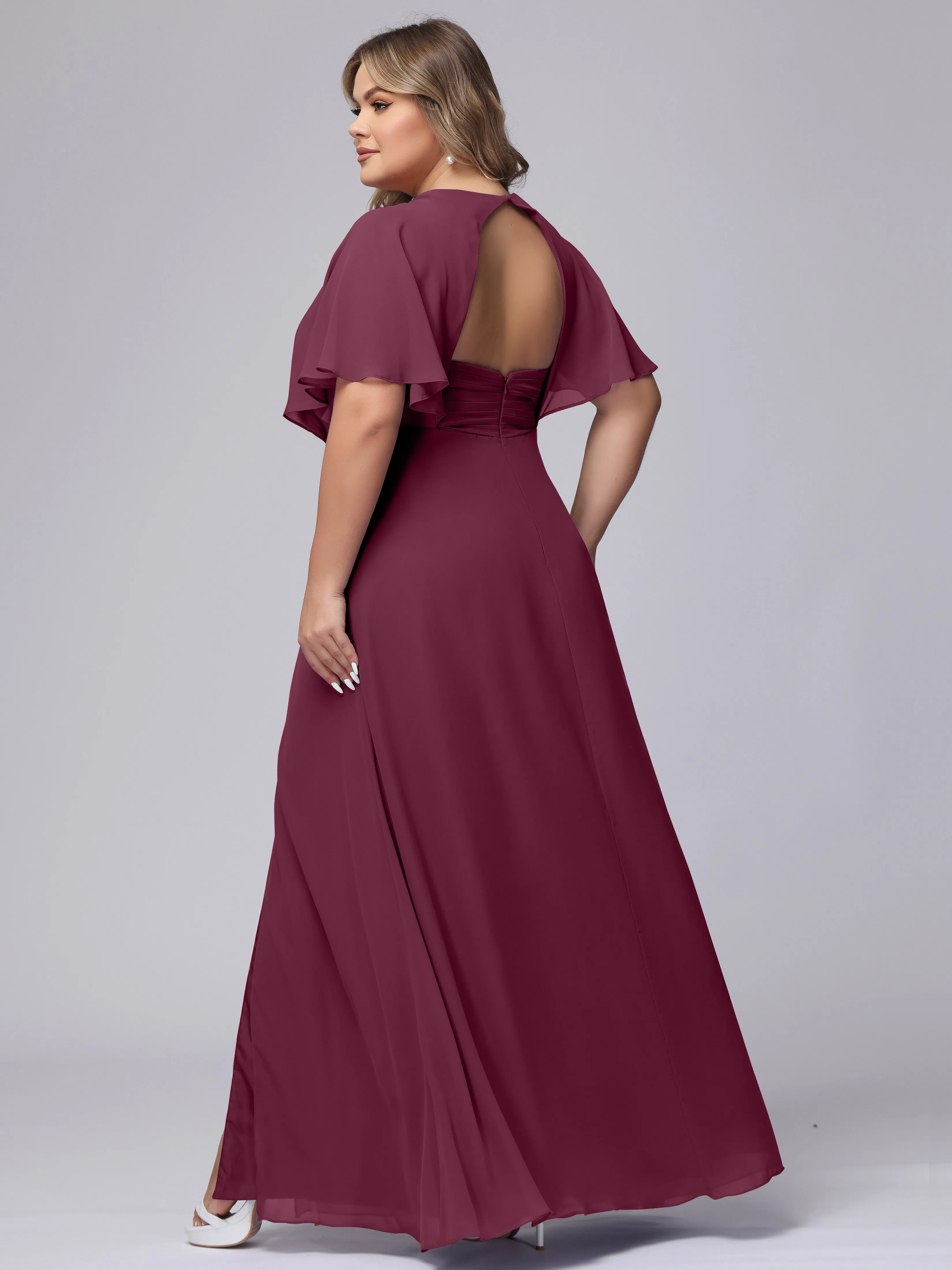 V-Neck Chiffon Short Sleeves Plus Size  Bridesmaid Dresses