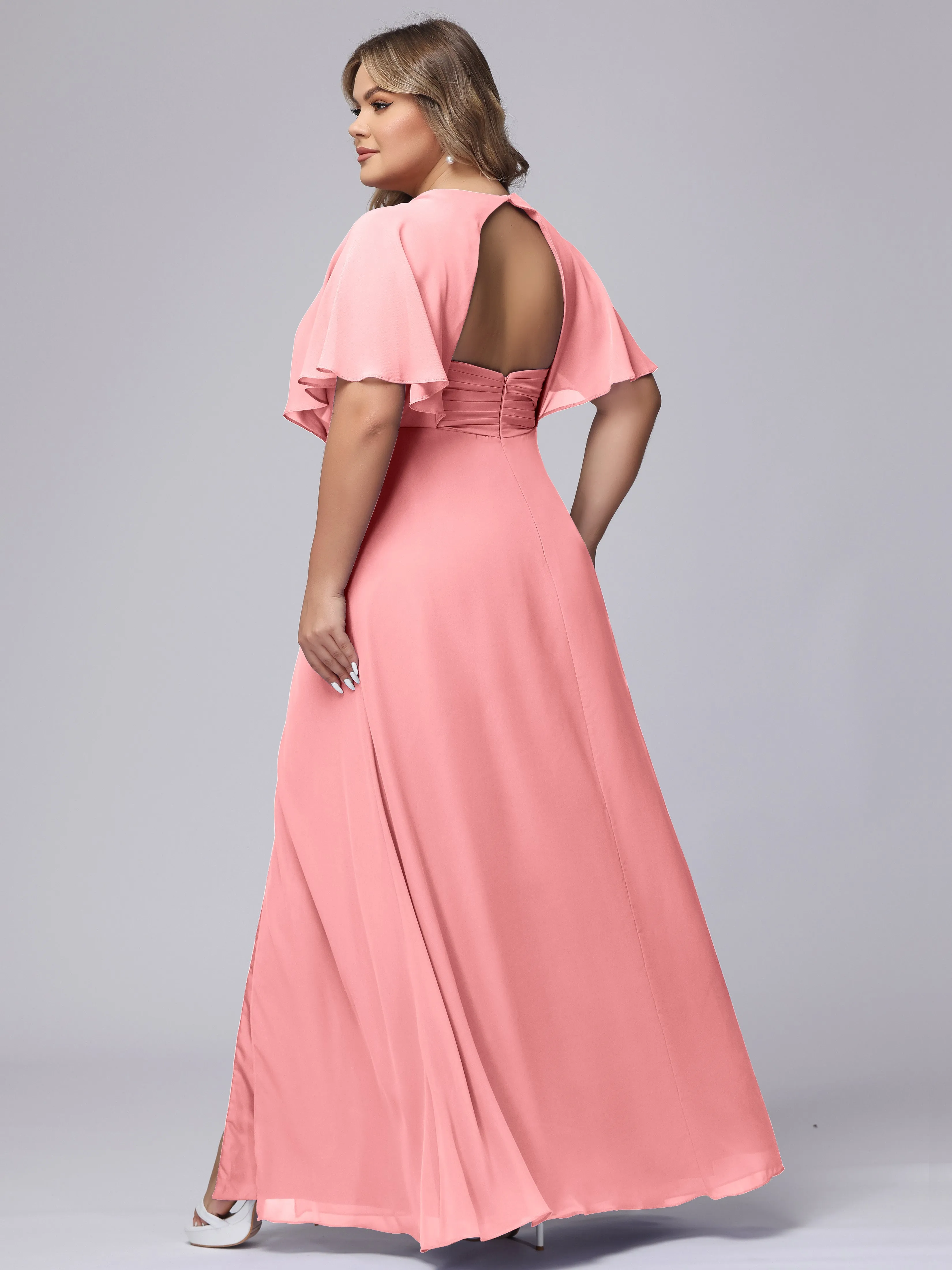 V-Neck Chiffon Short Sleeves Plus Size  Bridesmaid Dresses