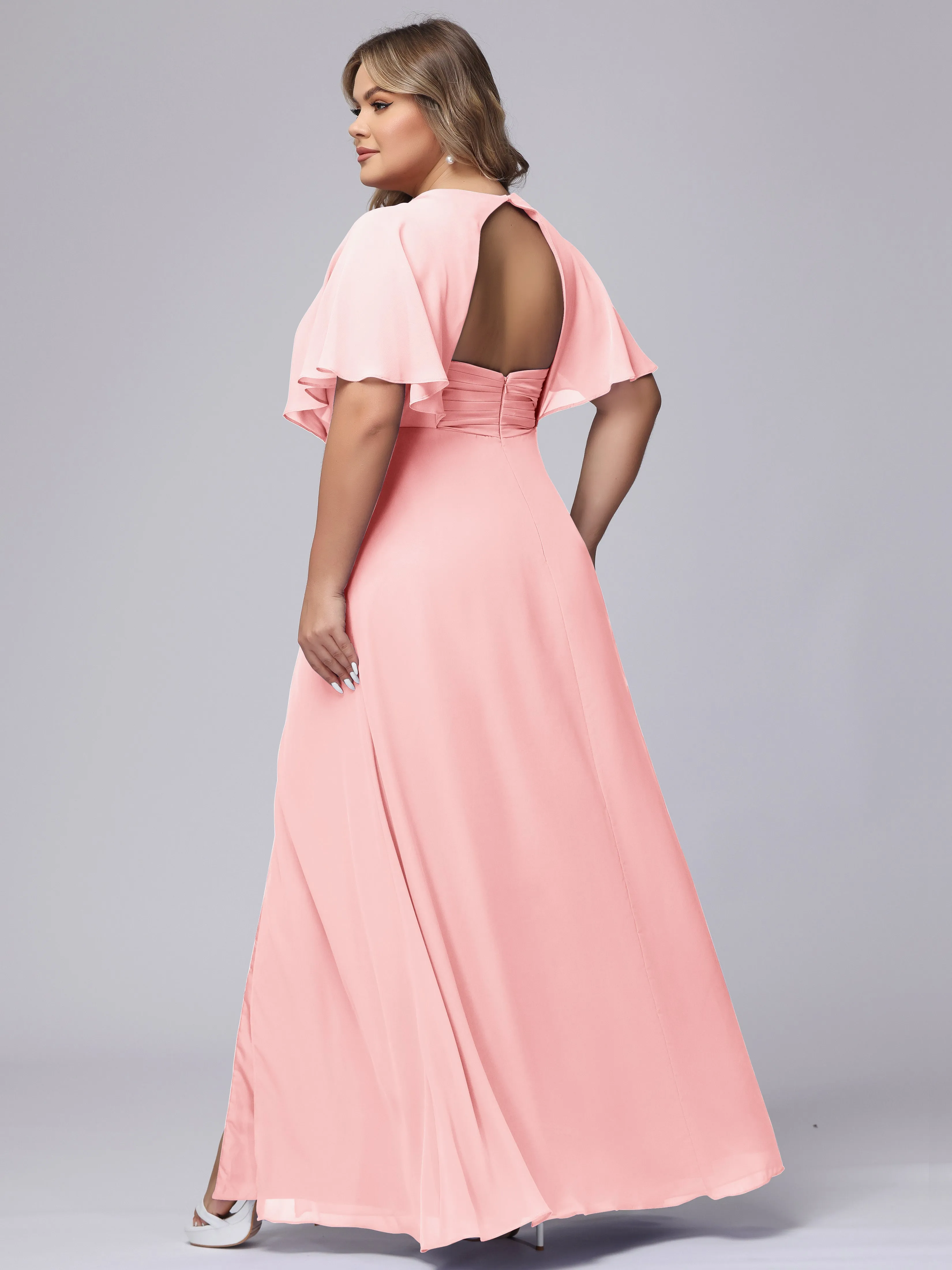 V-Neck Chiffon Short Sleeves Plus Size  Bridesmaid Dresses