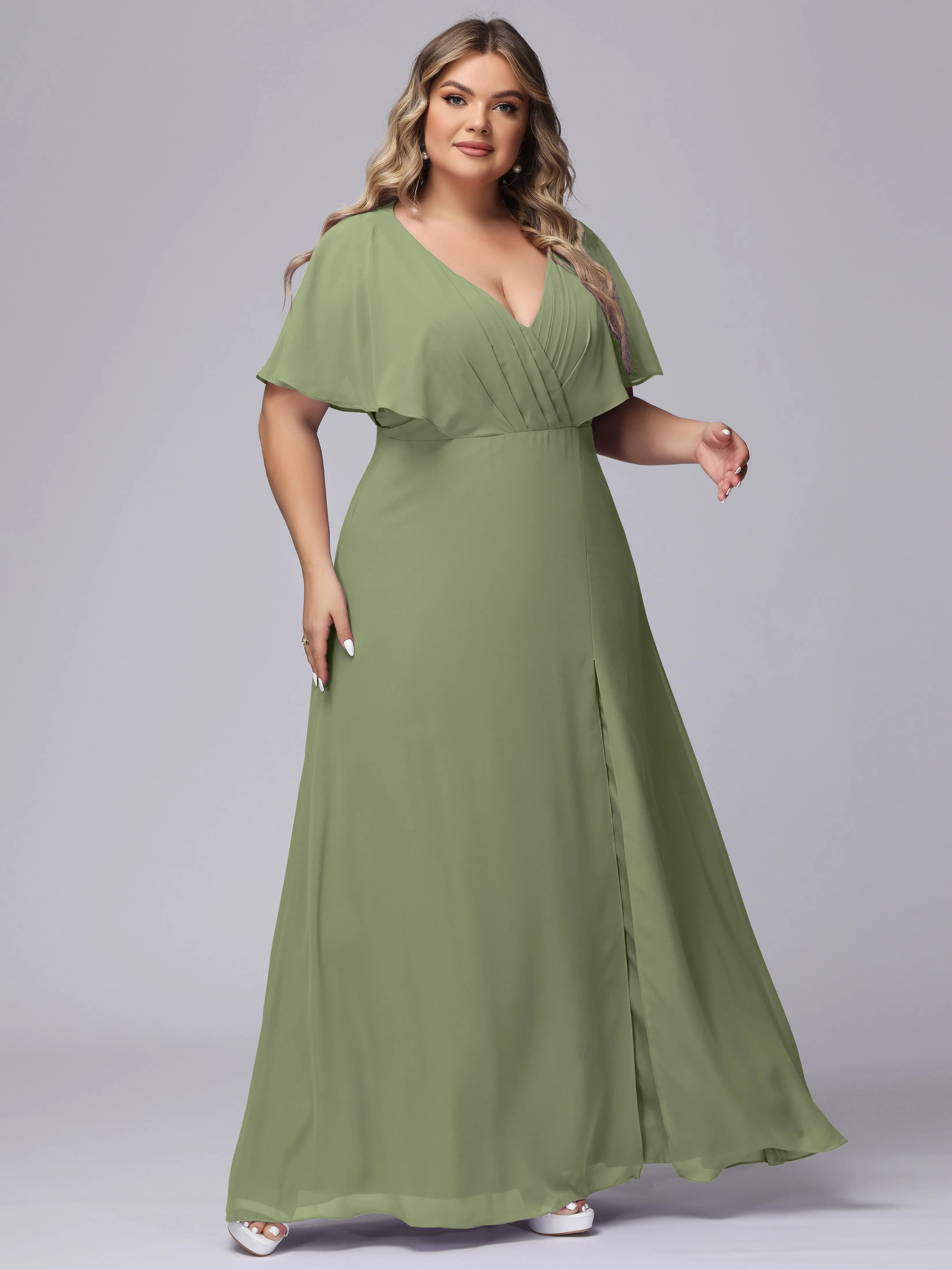 V-Neck Chiffon Short Sleeves Plus Size  Bridesmaid Dresses