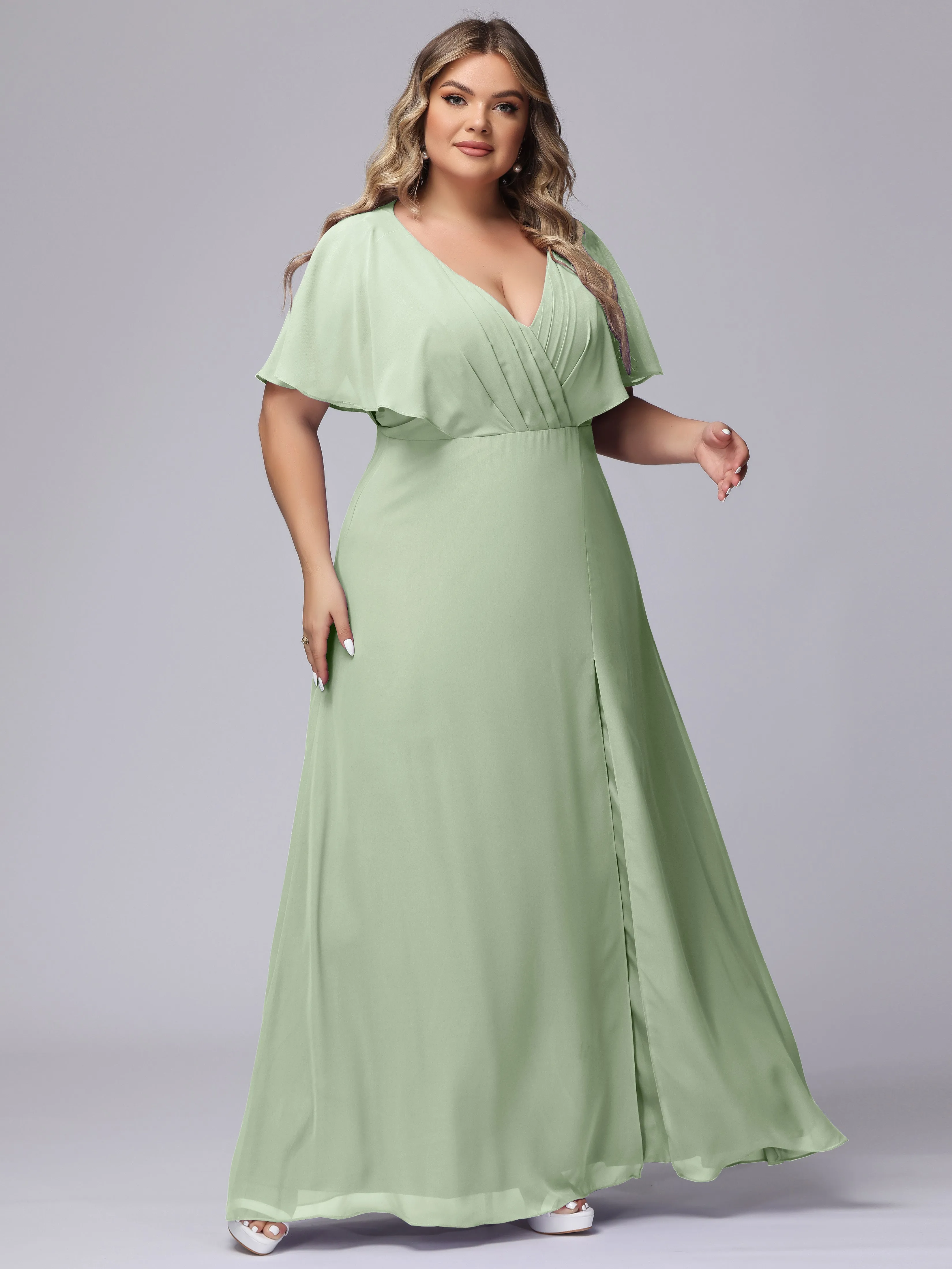 V-Neck Chiffon Short Sleeves Plus Size  Bridesmaid Dresses