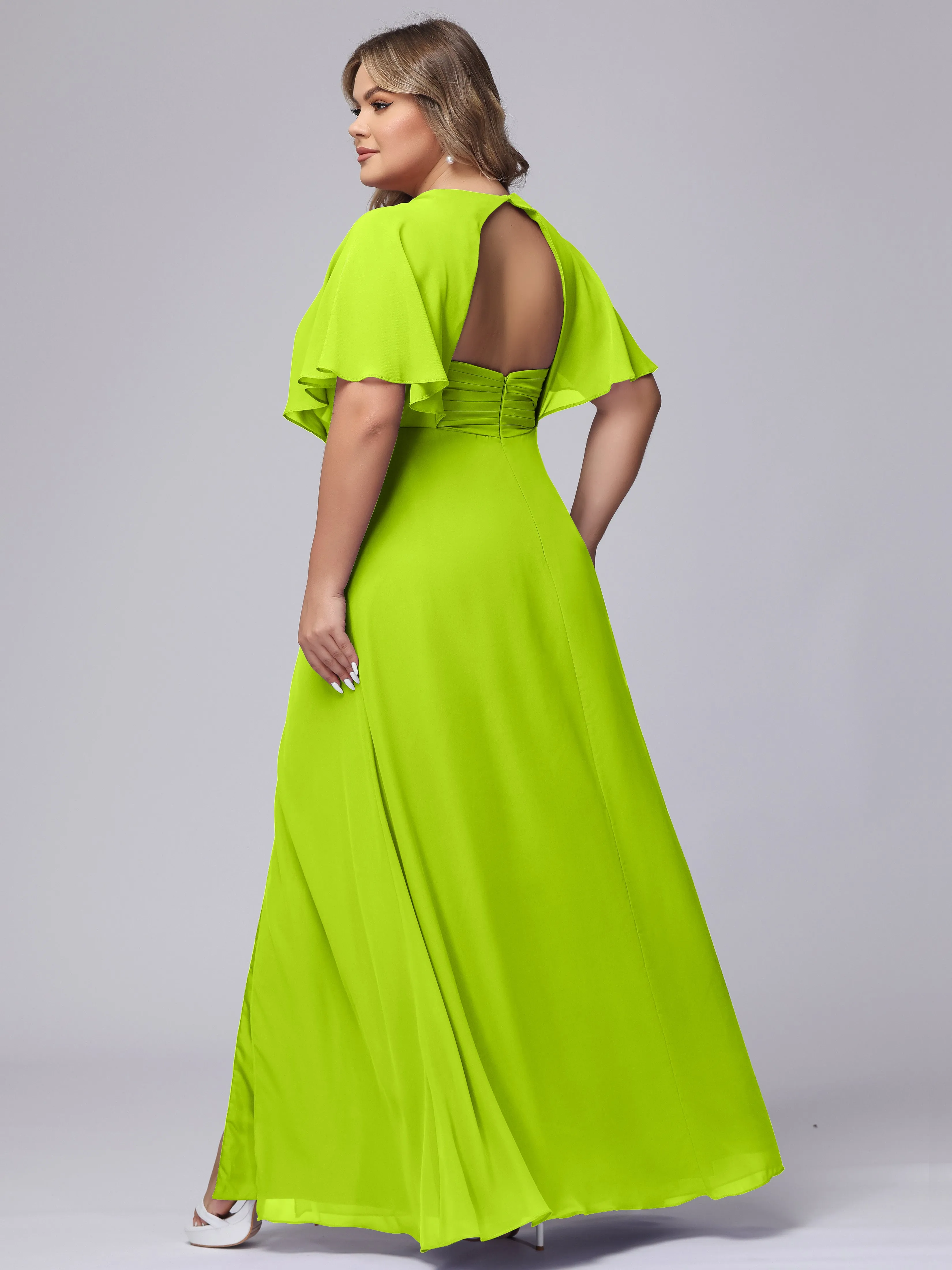 V-Neck Chiffon Short Sleeves Plus Size  Bridesmaid Dresses