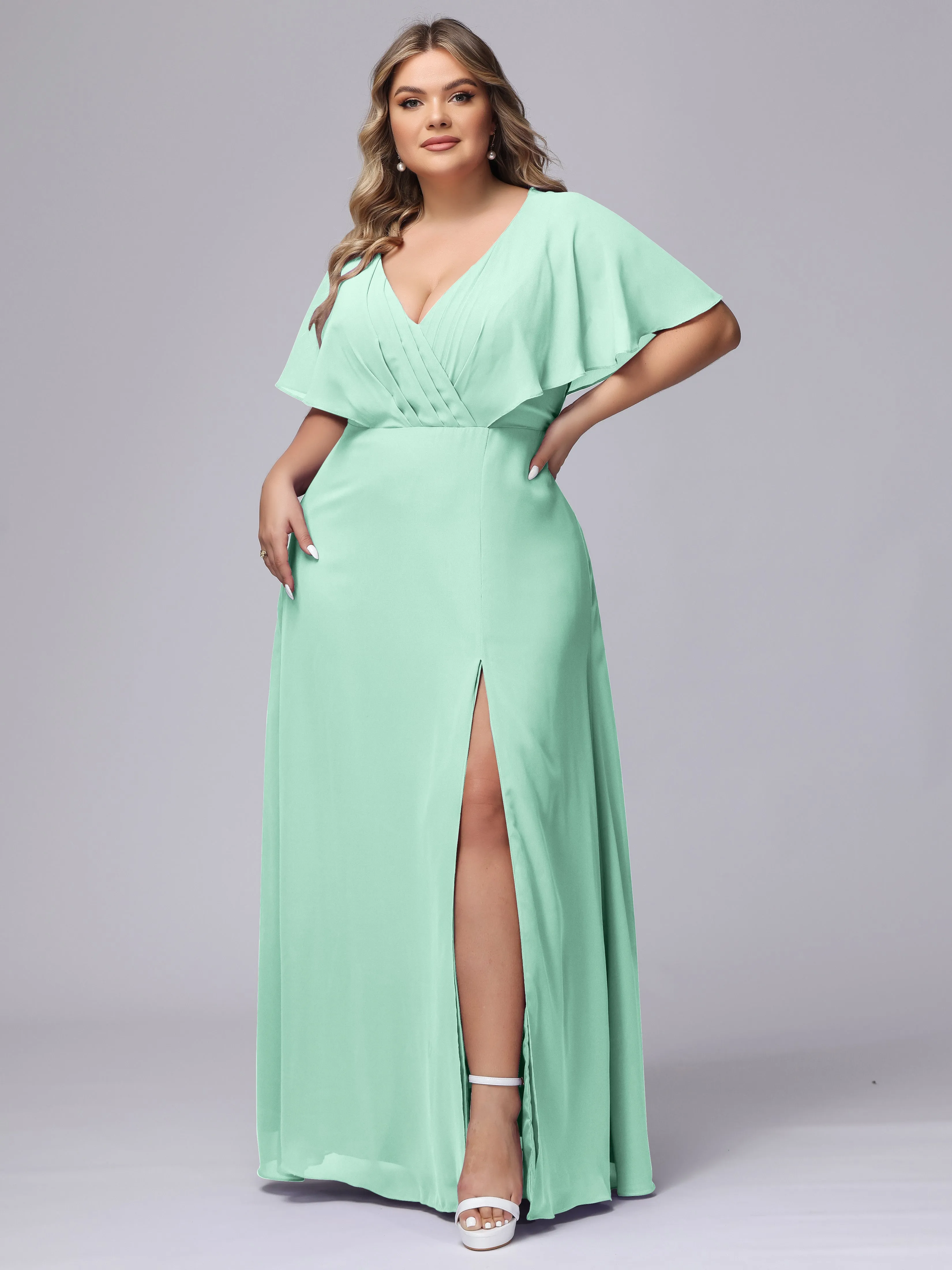 V-Neck Chiffon Short Sleeves Plus Size  Bridesmaid Dresses