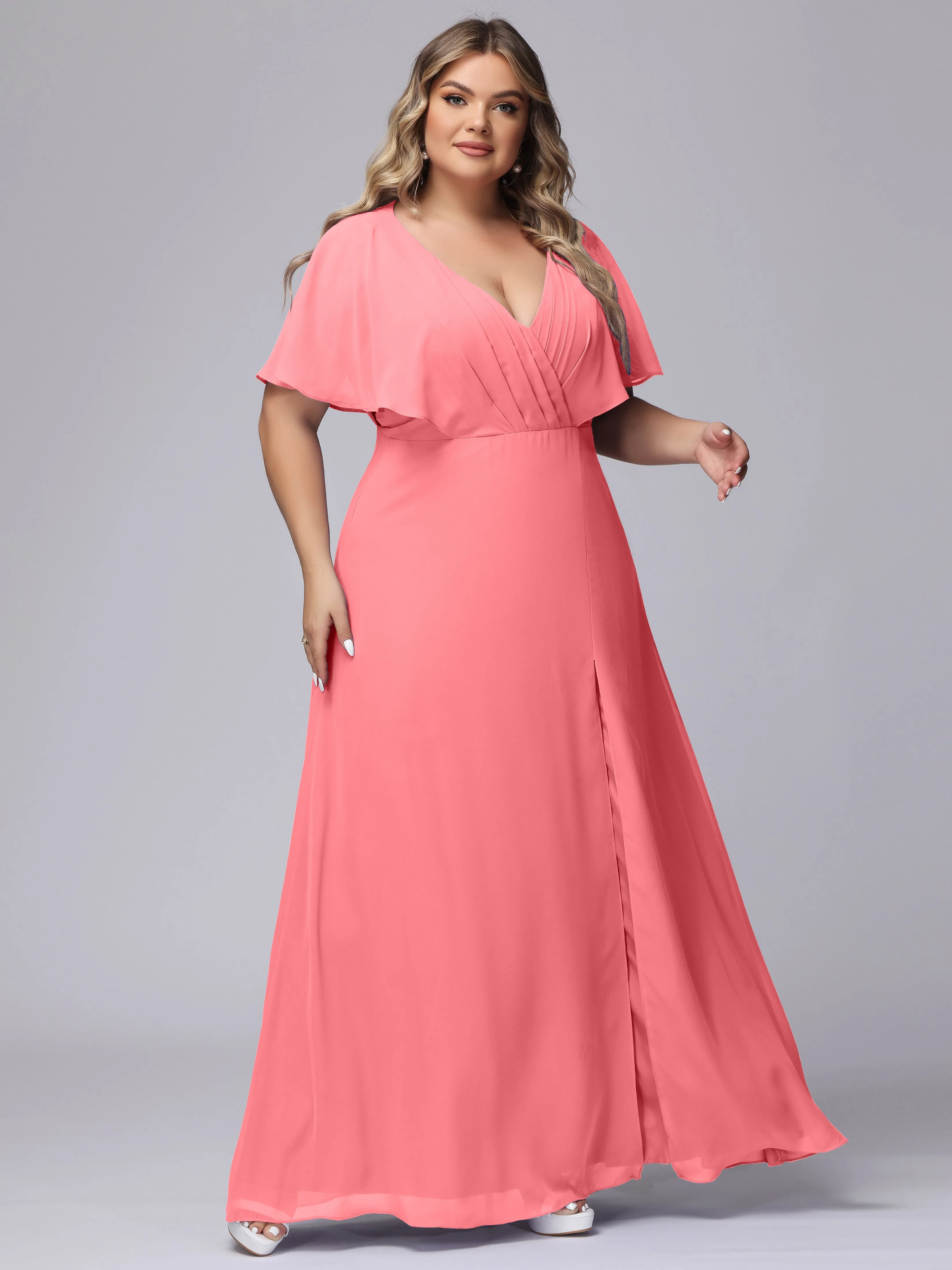 V-Neck Chiffon Short Sleeves Plus Size  Bridesmaid Dresses