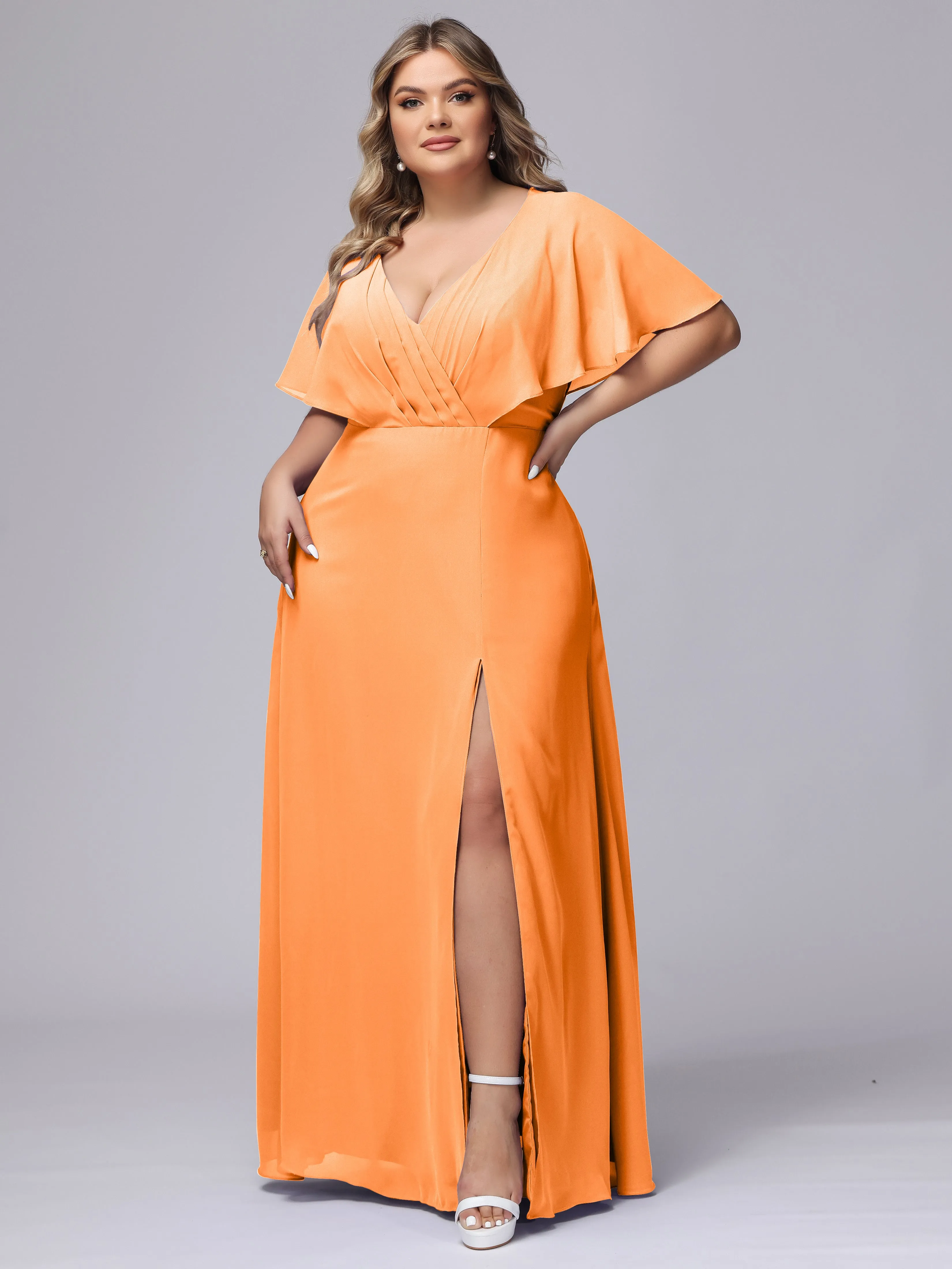 V-Neck Chiffon Short Sleeves Plus Size  Bridesmaid Dresses
