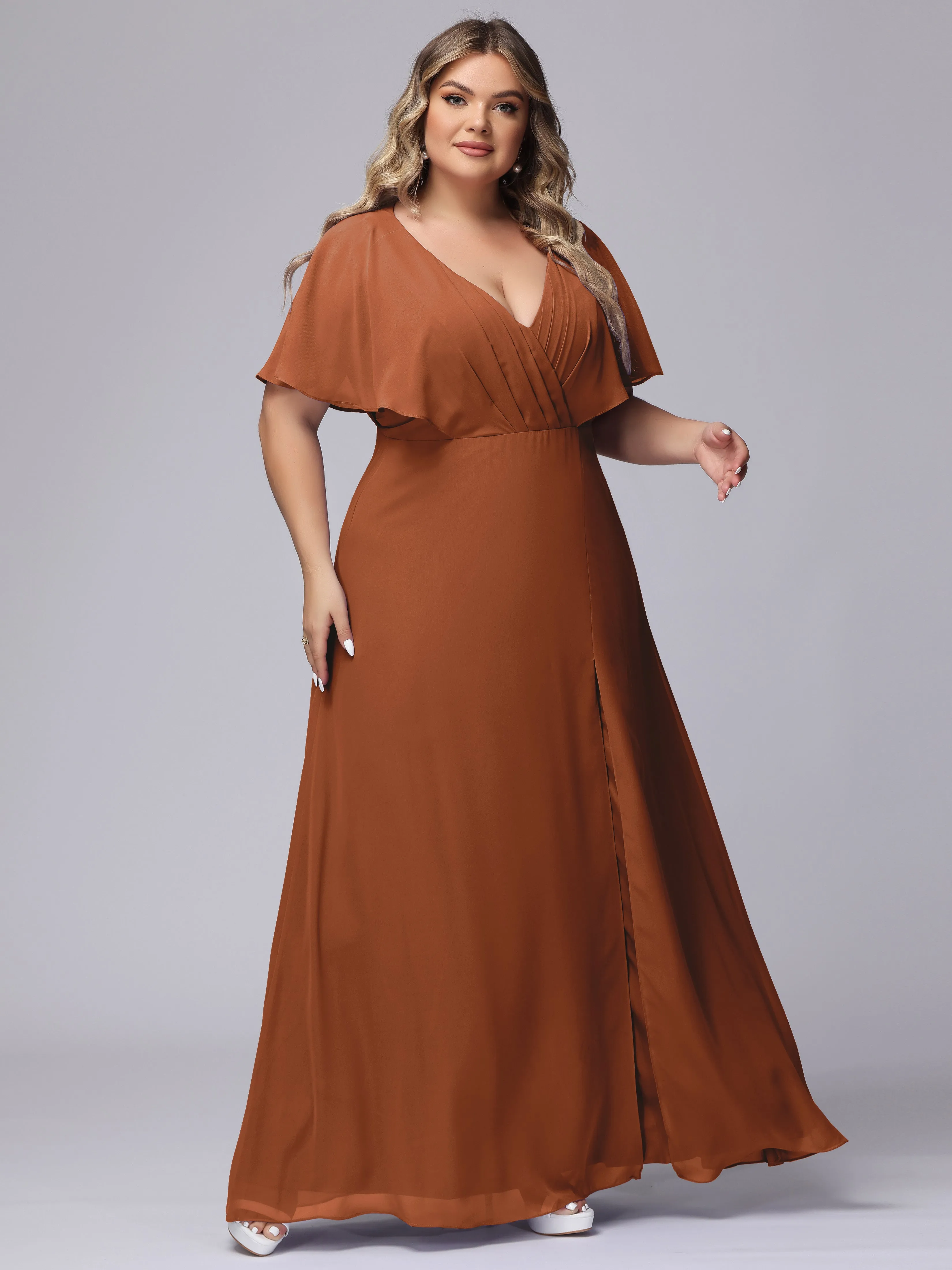 V-Neck Chiffon Short Sleeves Plus Size  Bridesmaid Dresses