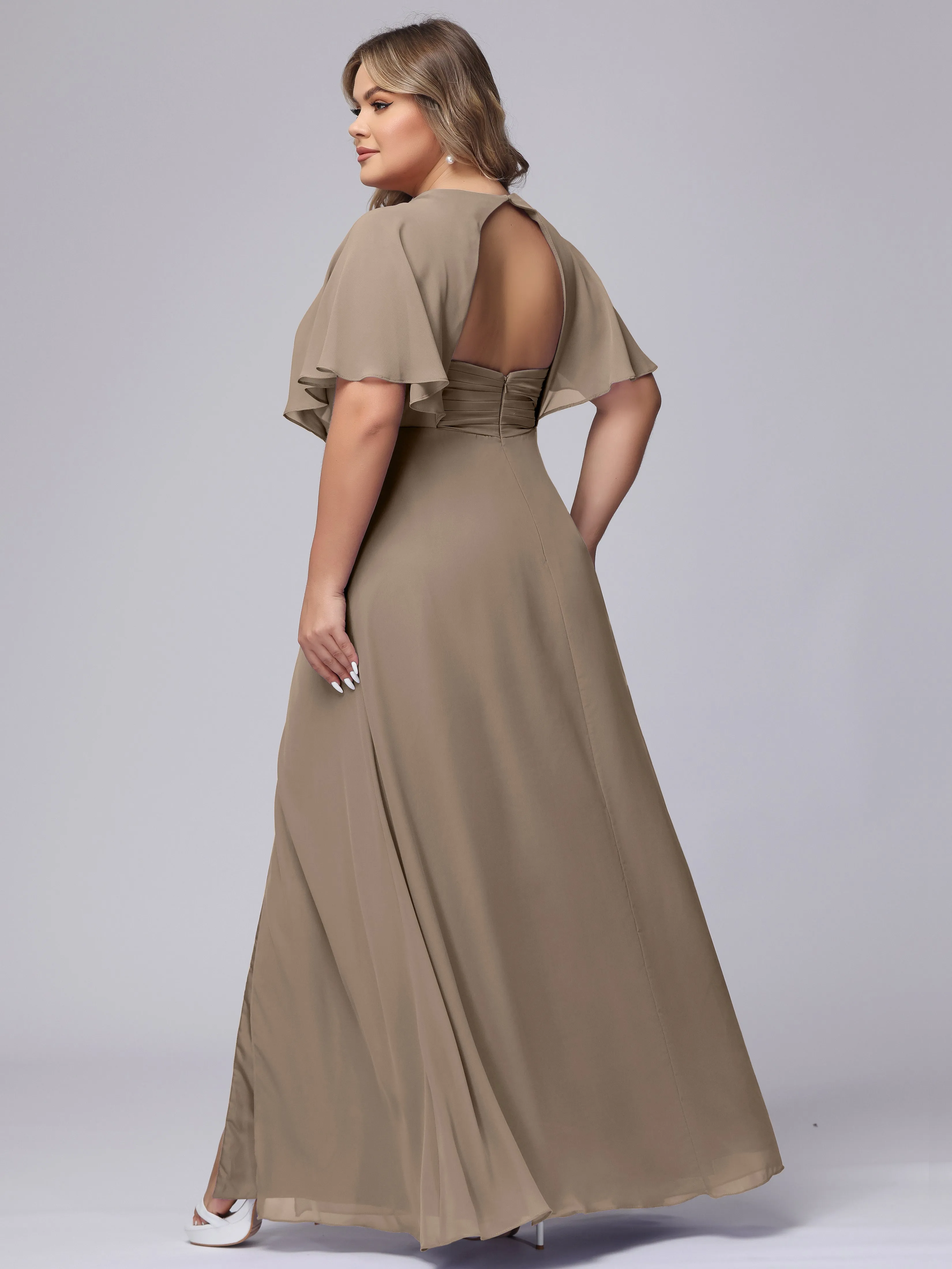 V-Neck Chiffon Short Sleeves Plus Size  Bridesmaid Dresses