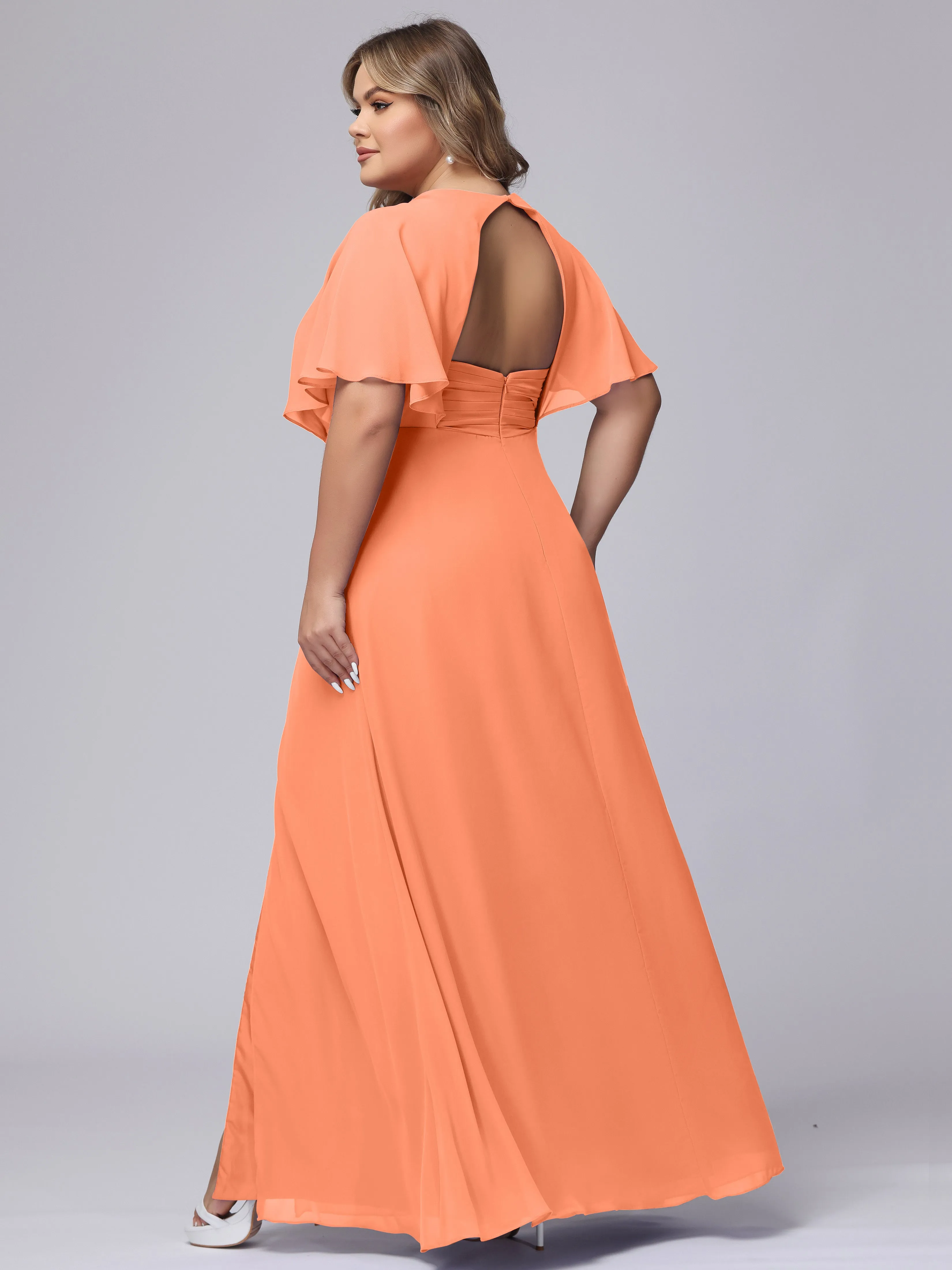 V-Neck Chiffon Short Sleeves Plus Size  Bridesmaid Dresses