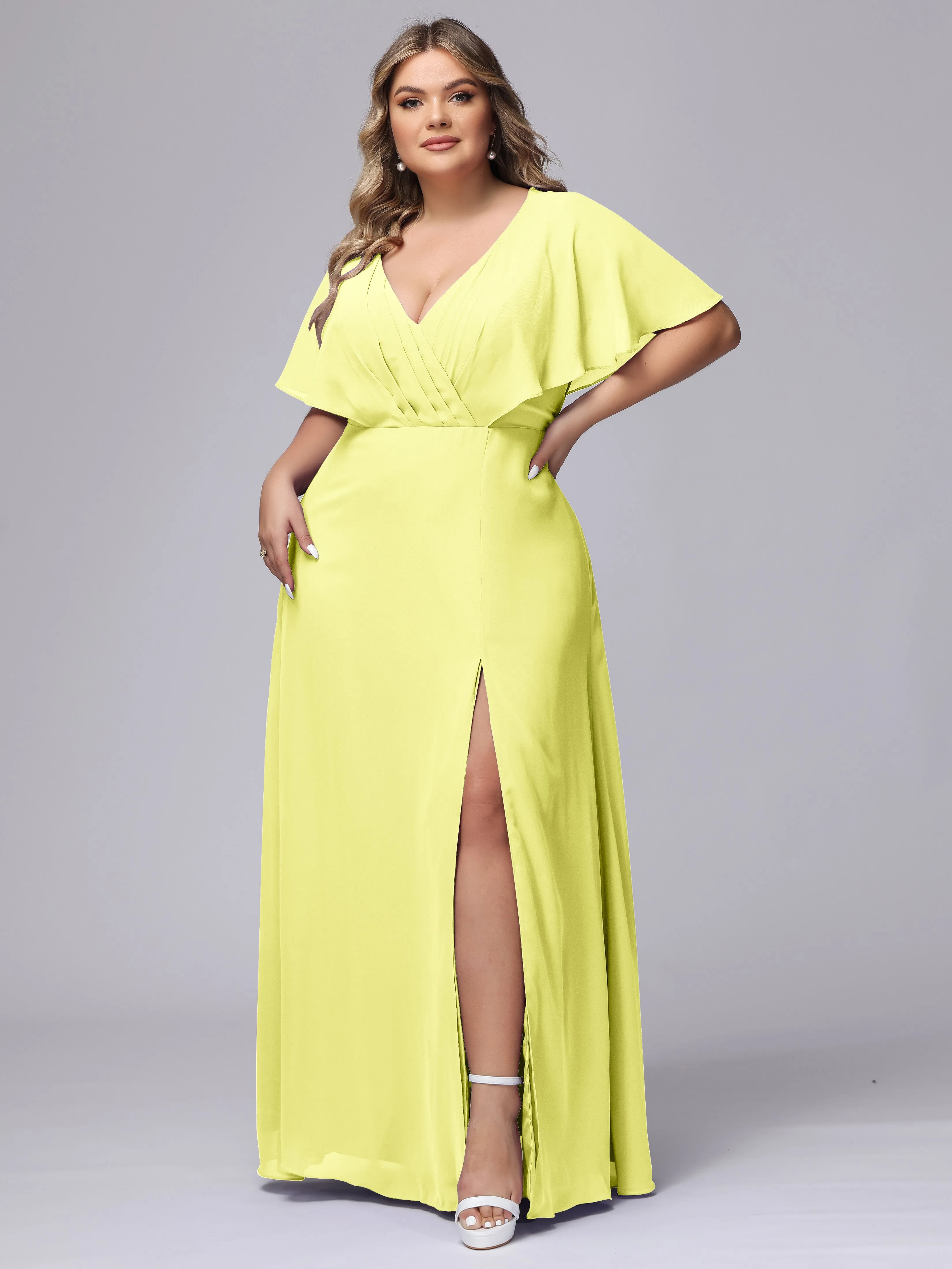 V-Neck Chiffon Short Sleeves Plus Size  Bridesmaid Dresses