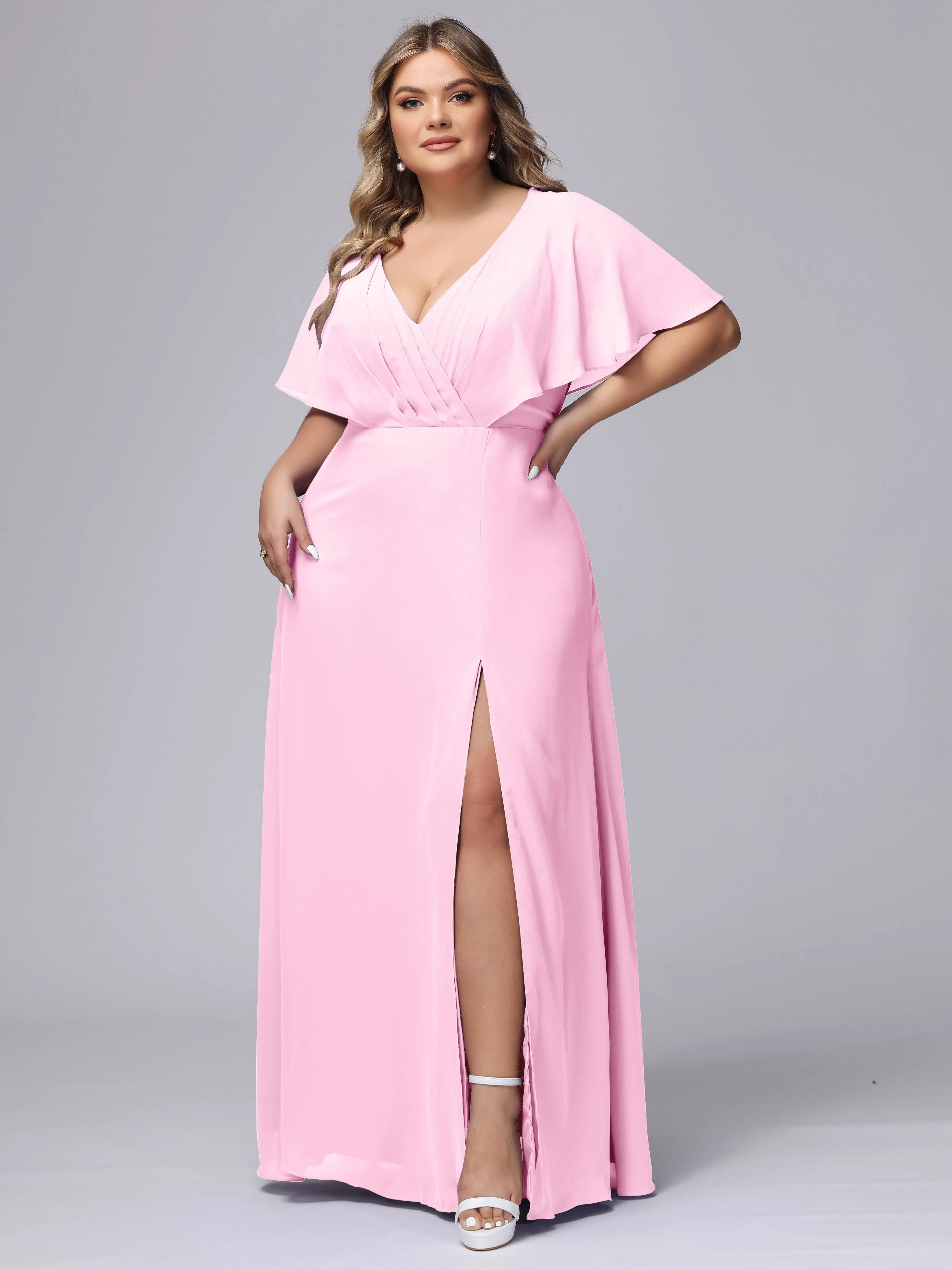 V-Neck Chiffon Short Sleeves Plus Size  Bridesmaid Dresses