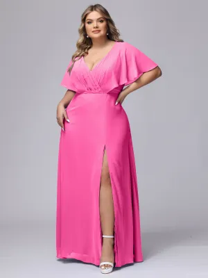 V-Neck Chiffon Short Sleeves Plus Size  Bridesmaid Dresses