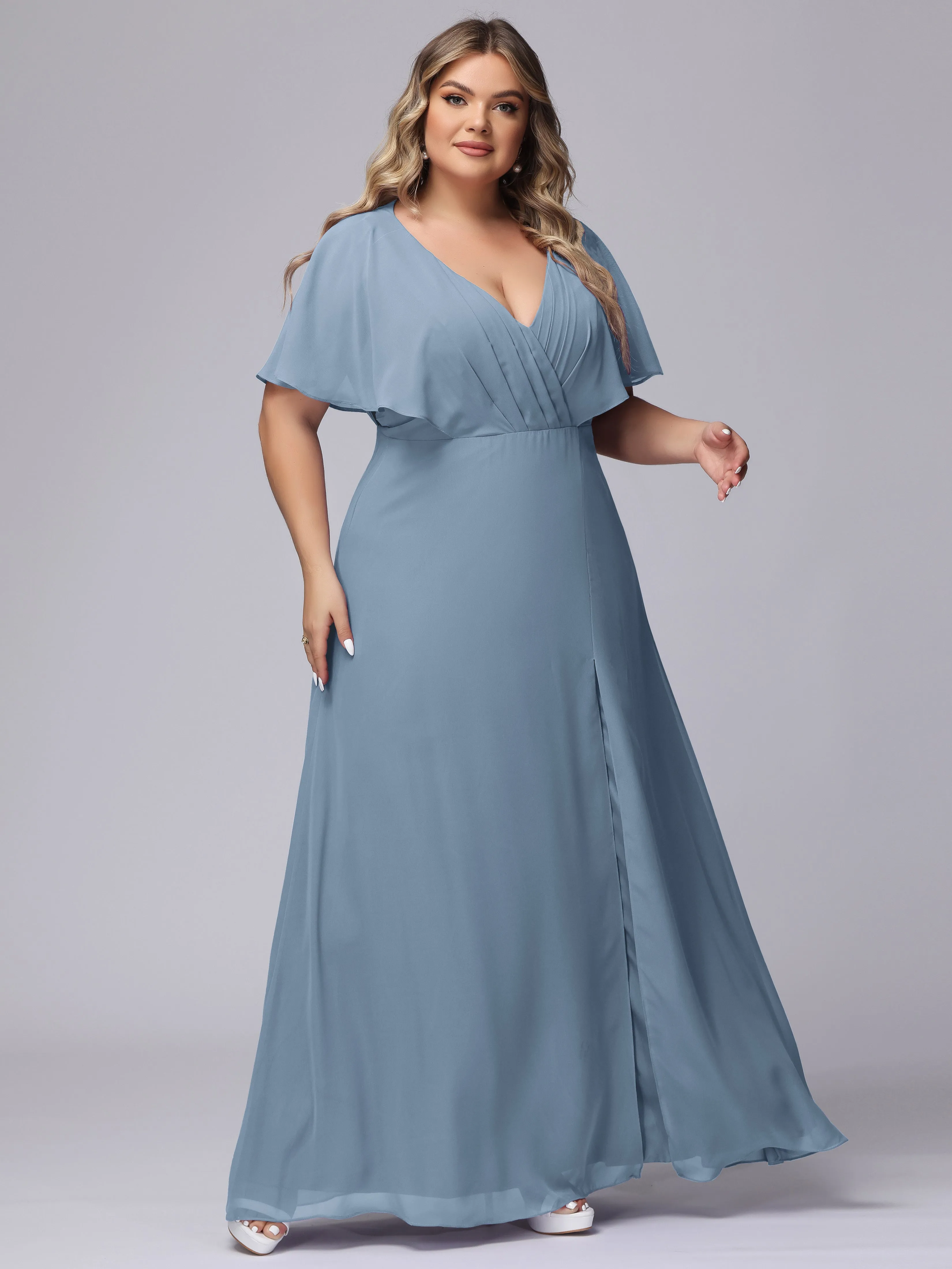 V-Neck Chiffon Short Sleeves Plus Size  Bridesmaid Dresses