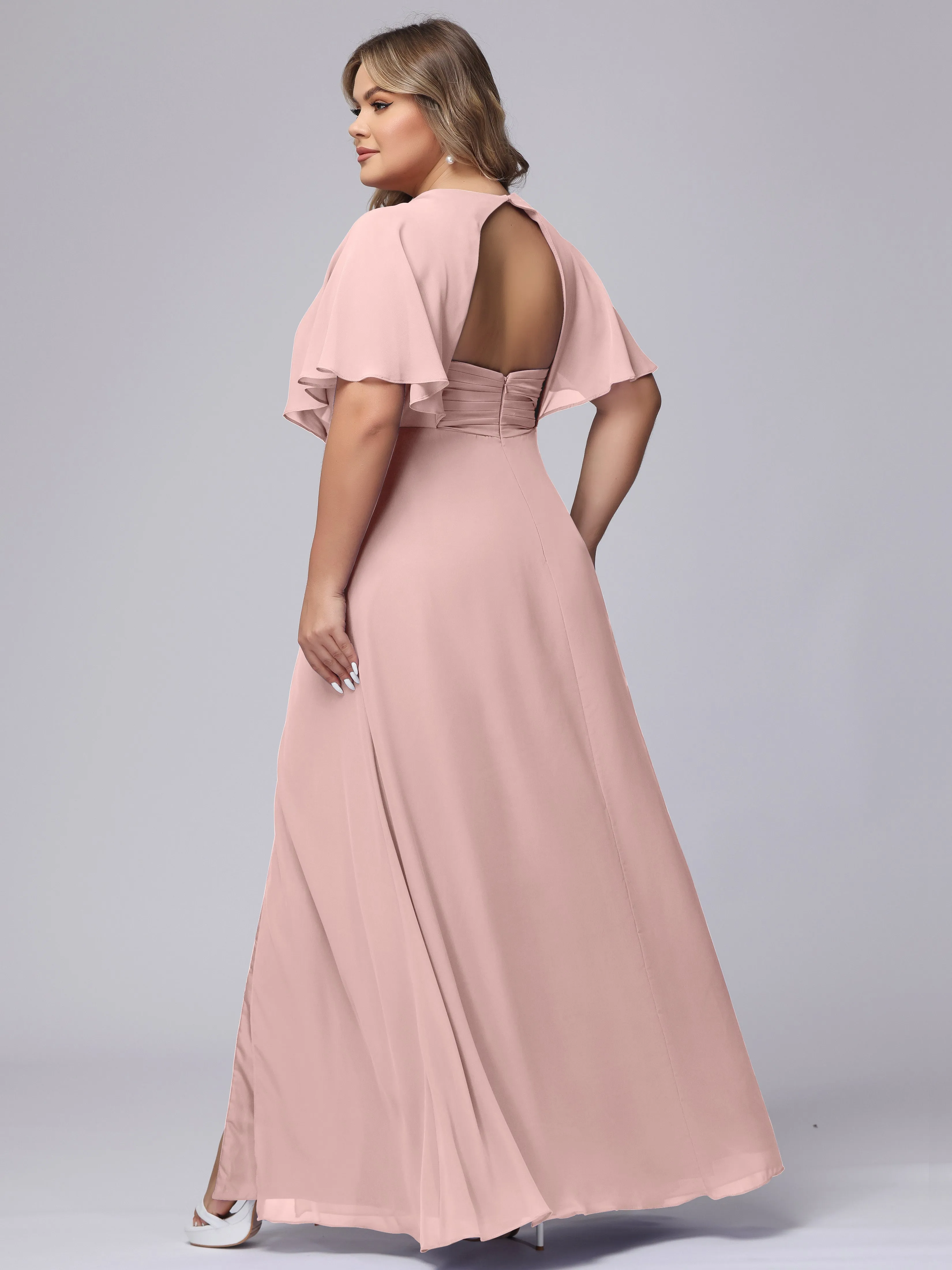 V-Neck Chiffon Short Sleeves Plus Size  Bridesmaid Dresses