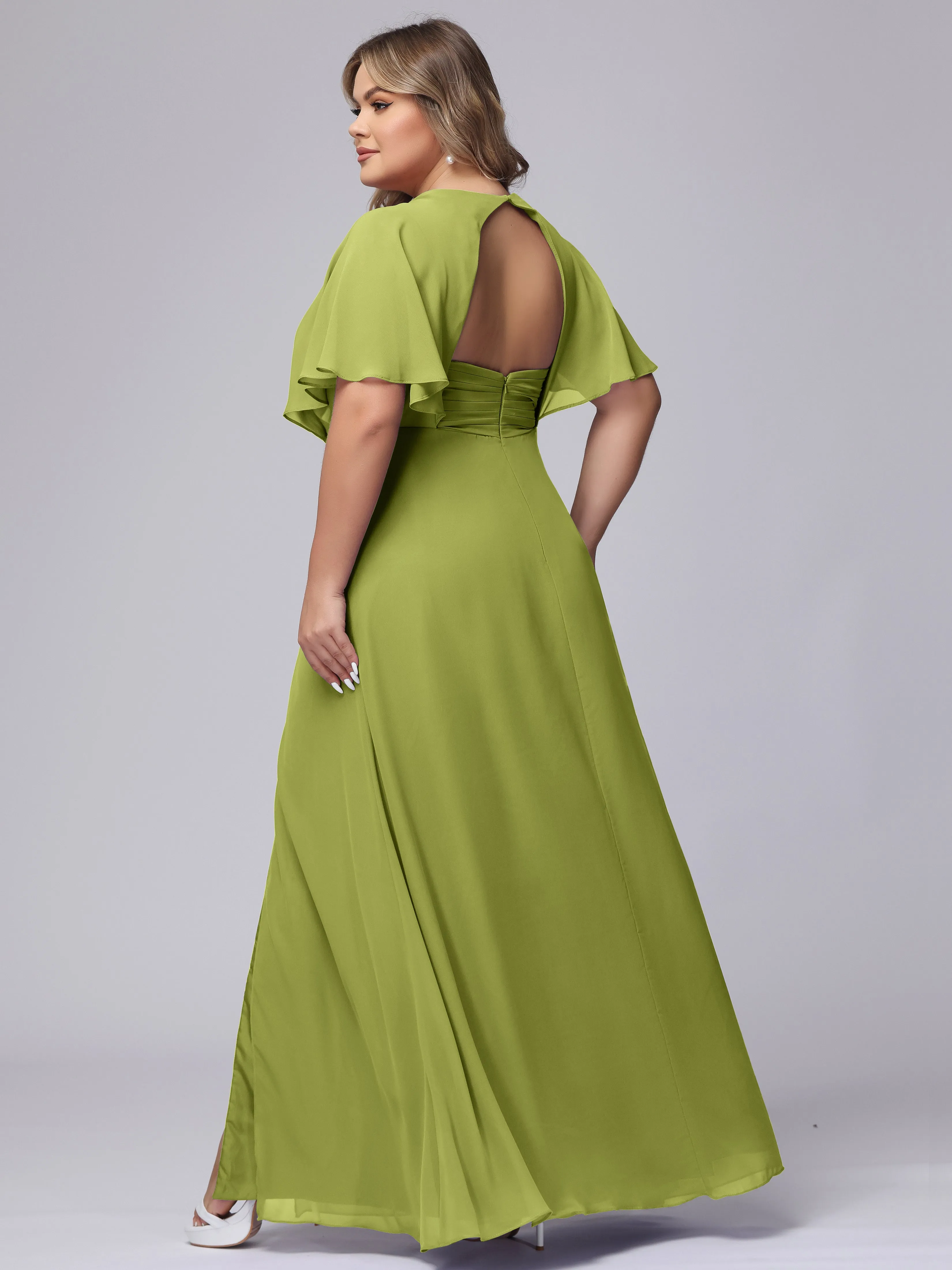 V-Neck Chiffon Short Sleeves Plus Size  Bridesmaid Dresses