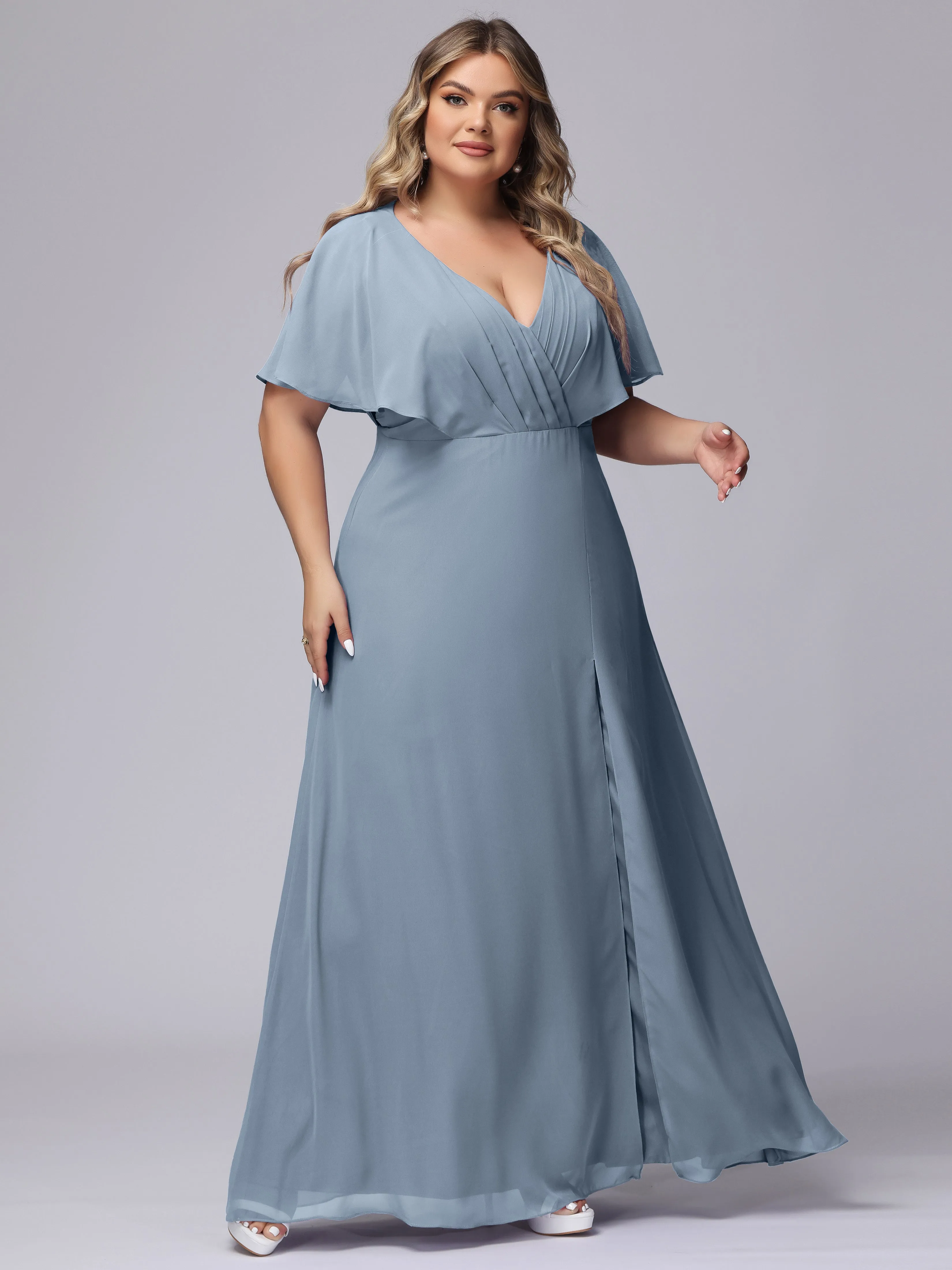 V-Neck Chiffon Short Sleeves Plus Size  Bridesmaid Dresses
