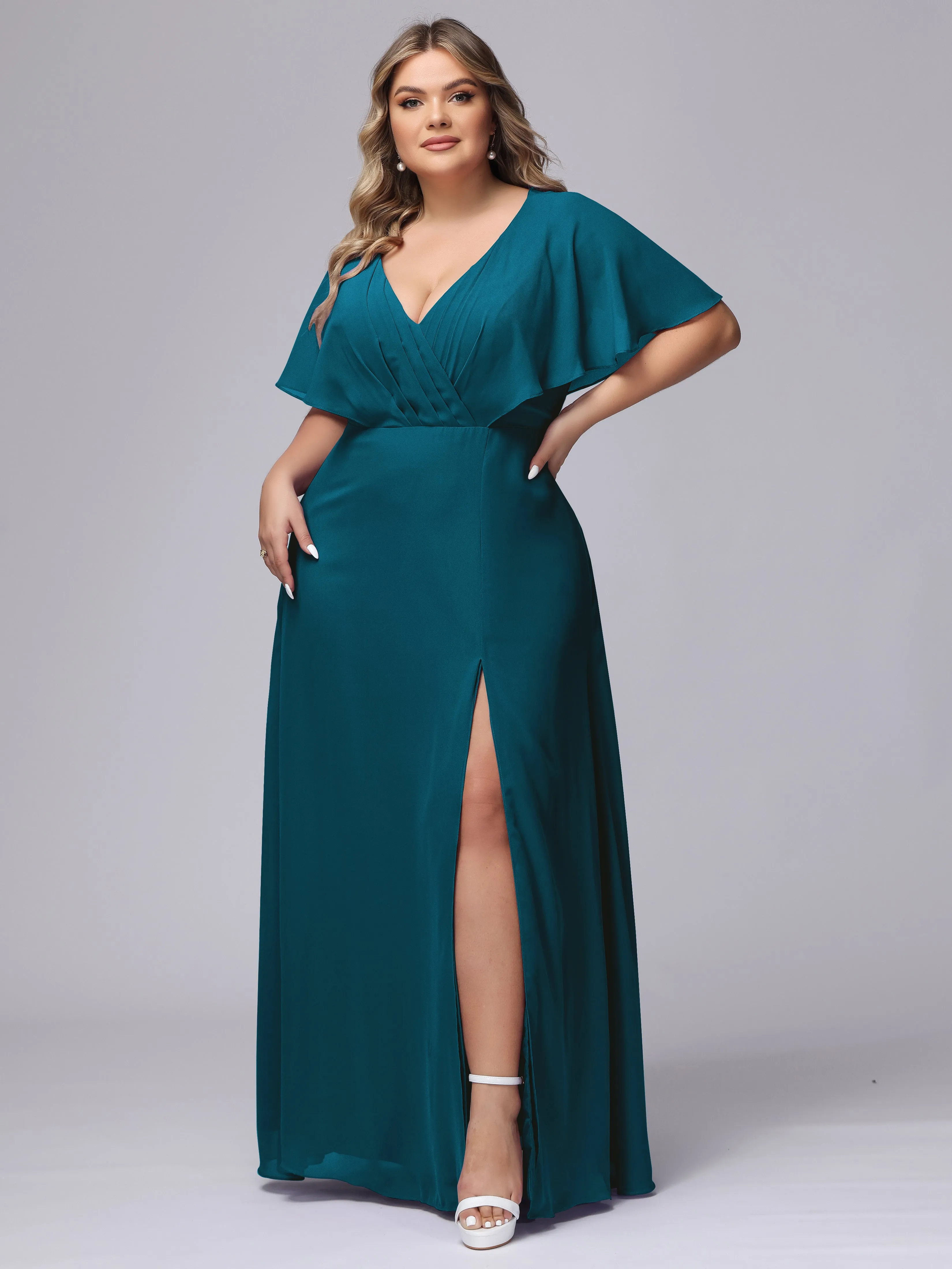 V-Neck Chiffon Short Sleeves Plus Size  Bridesmaid Dresses