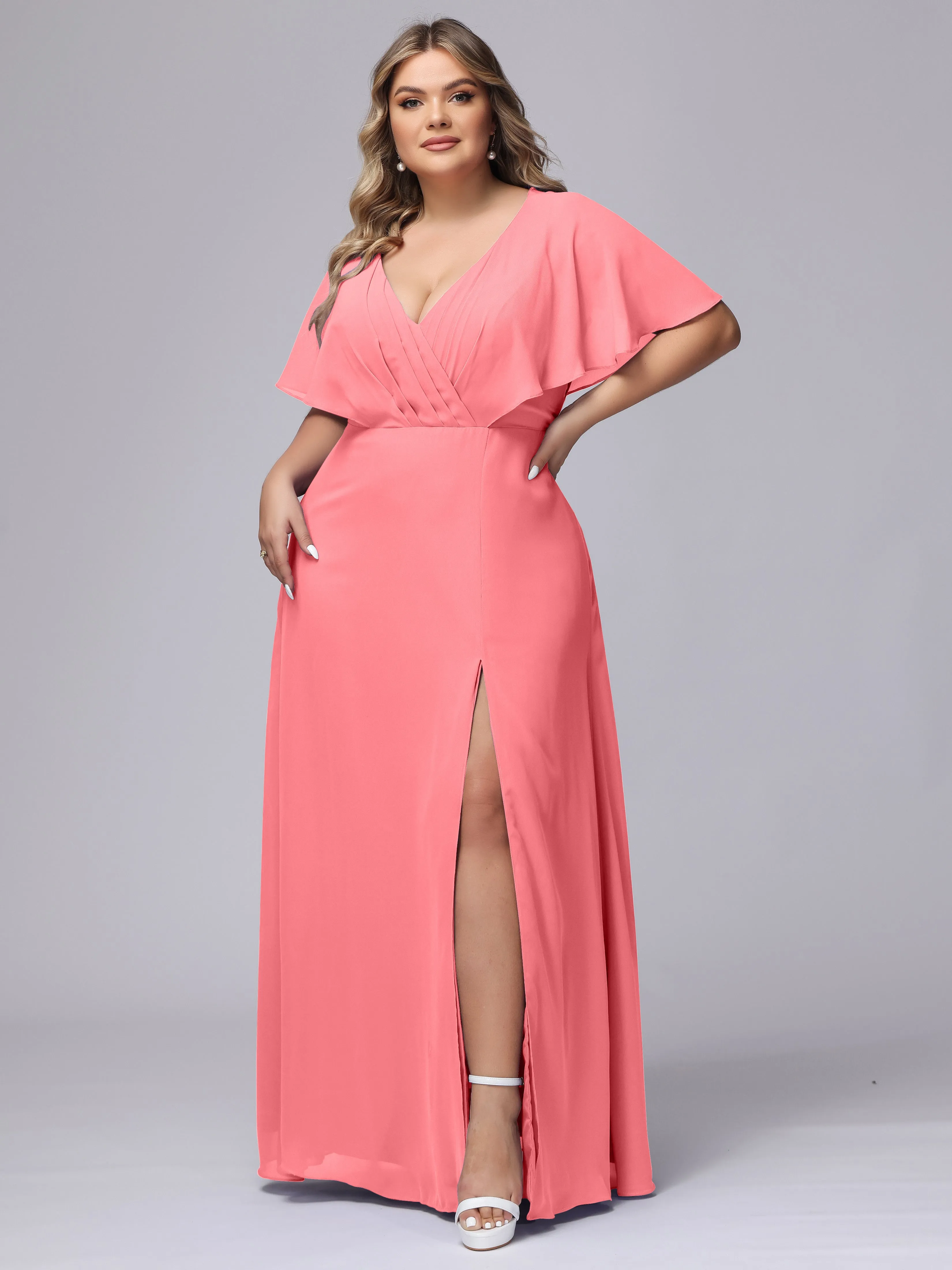 V-Neck Chiffon Short Sleeves Plus Size  Bridesmaid Dresses